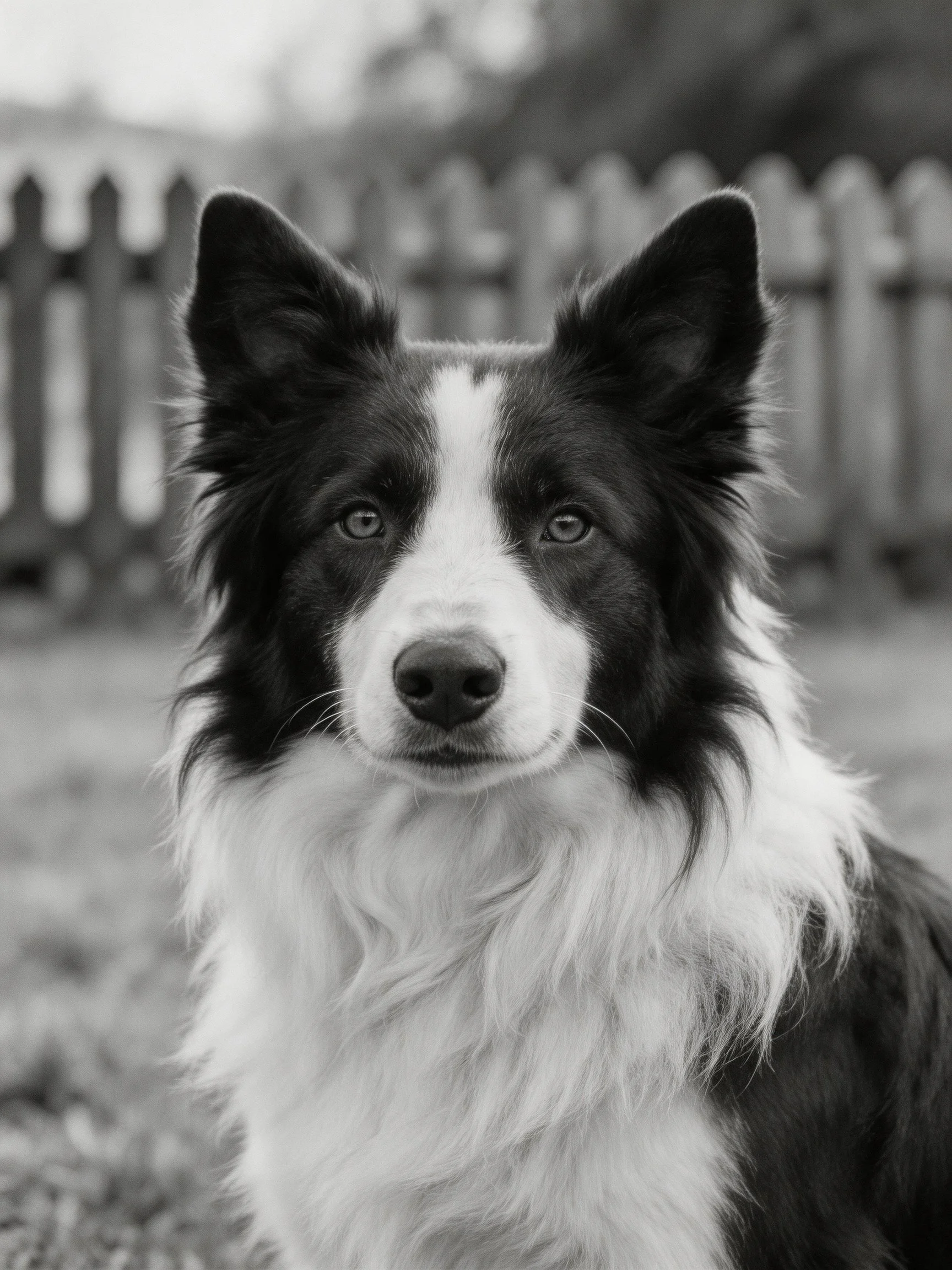 A black and white Border Collie stands before a blurred wooden fence.