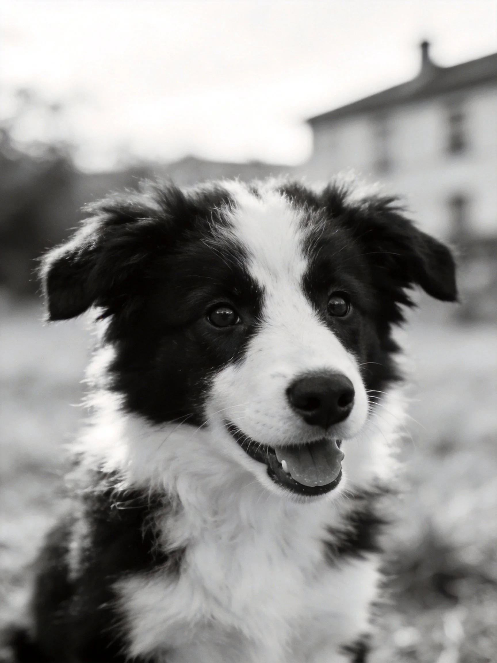 A black and white Border Collie puppy poses outdoors with a blurred building behind.