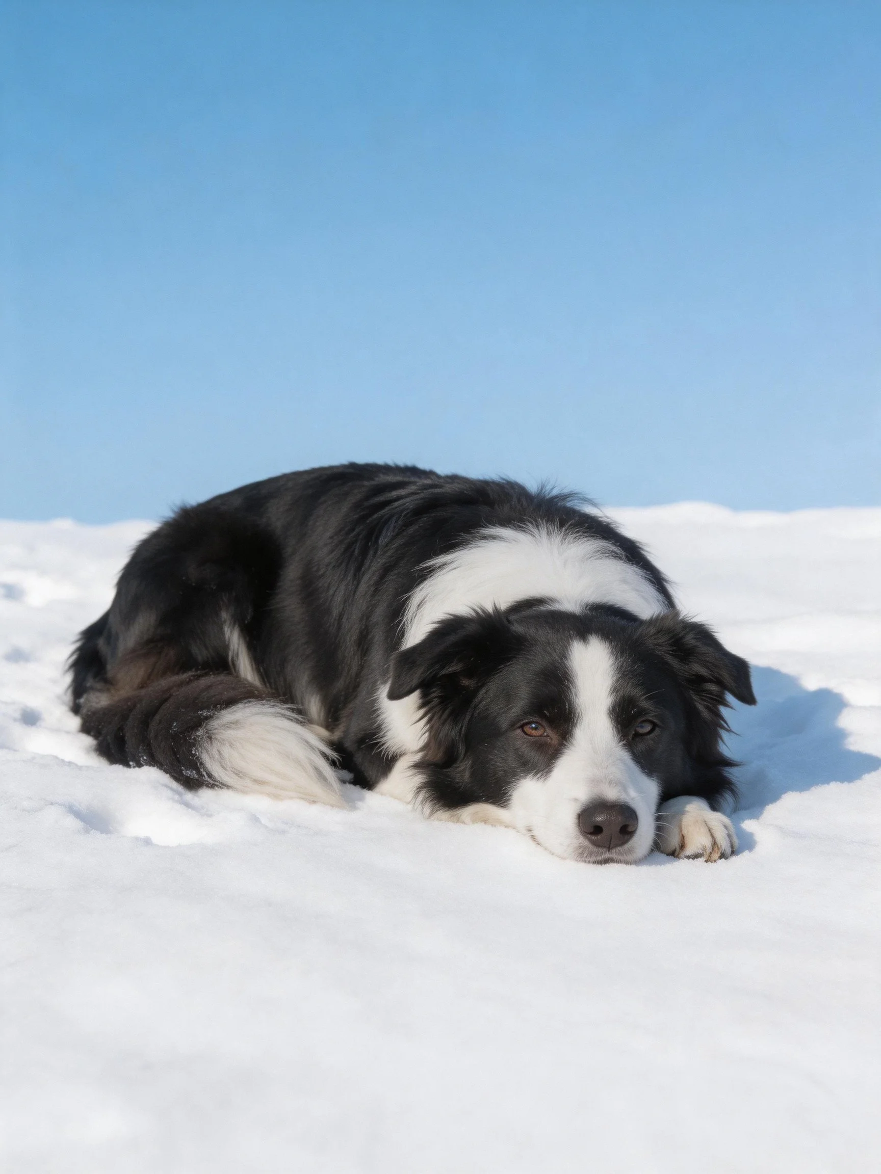 A black and white Border Collie rests on snow beneath a clear blue sky.