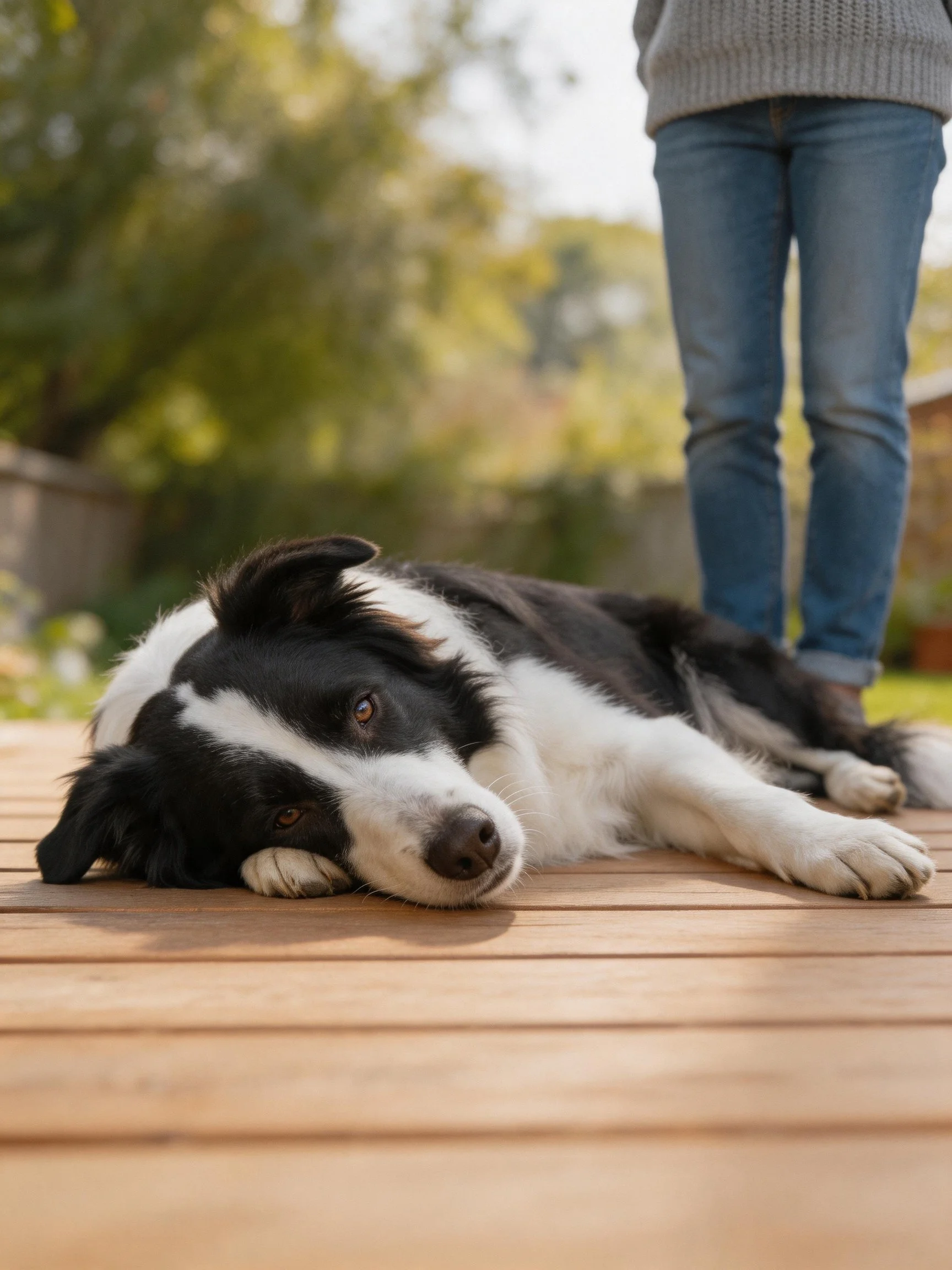 A black and white Border Collie relaxes on a wooden deck with a person standing nearby.