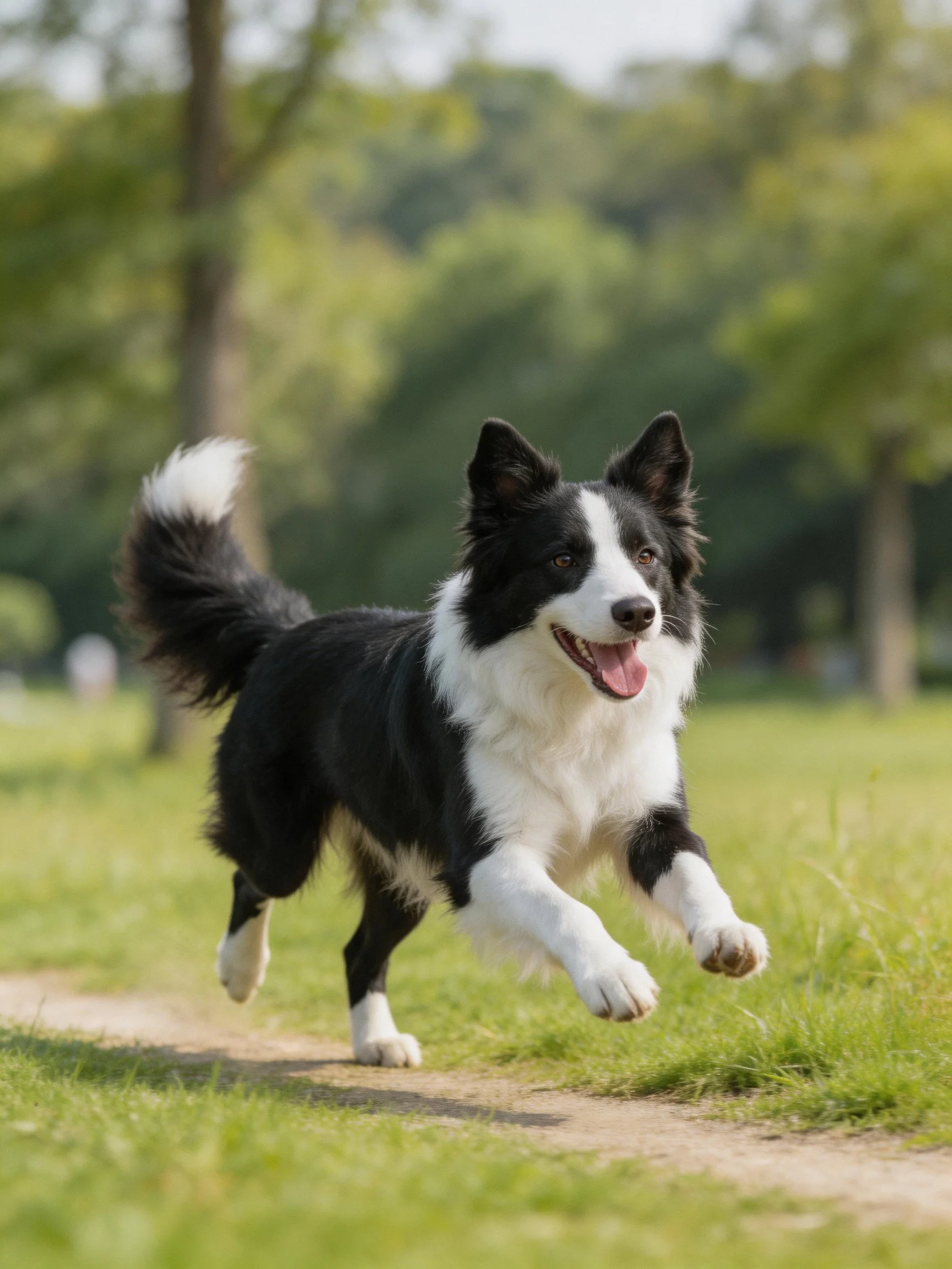 A black and white Border Collie runs energetically on a dirt path in a sunny park.