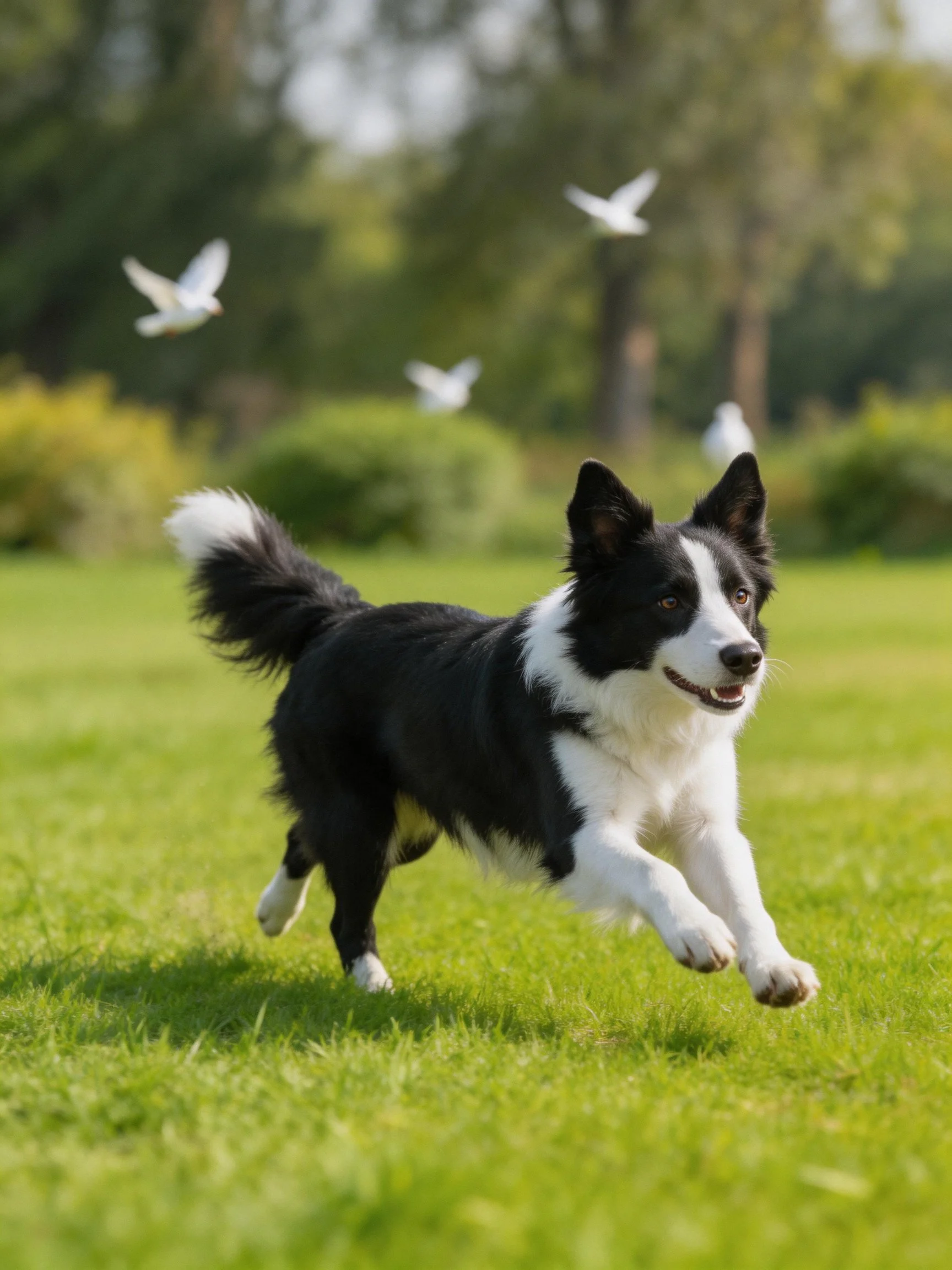 A black and white Border Collie runs energetically on green grass with birds in the background.