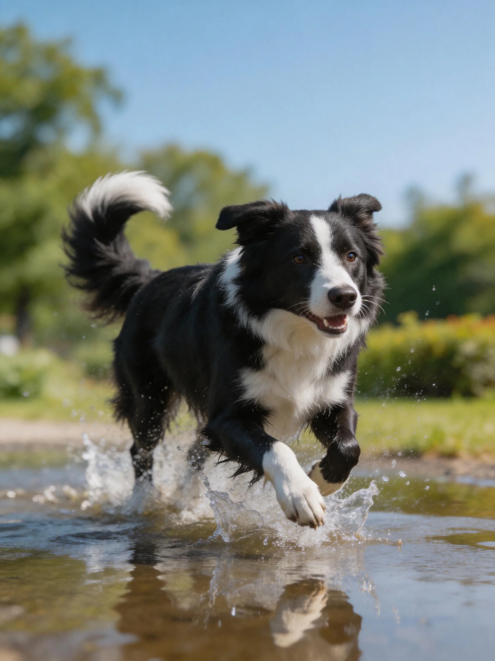 A black and white Border Collie runs energetically through shallow water.