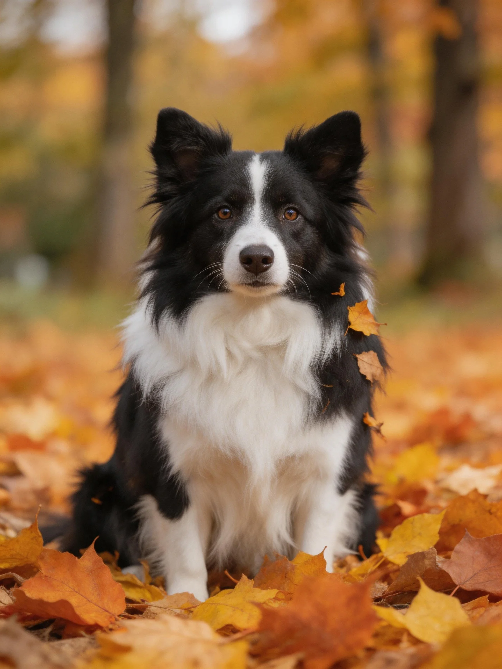 A black and white Border Collie sits calmly among fallen autumn leaves.