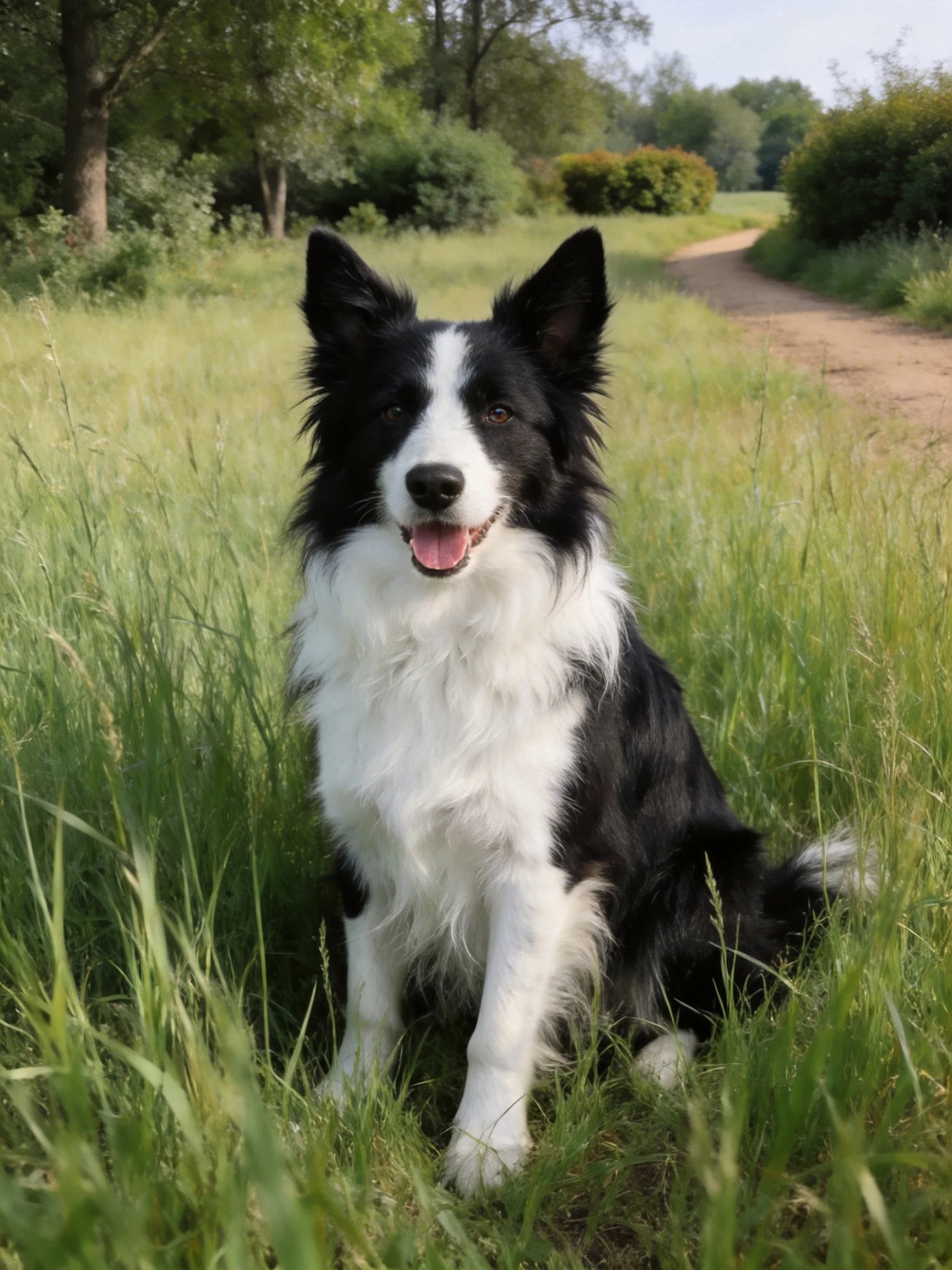 A black and white Border Collie sits peacefully among tall grass near a dirt path.