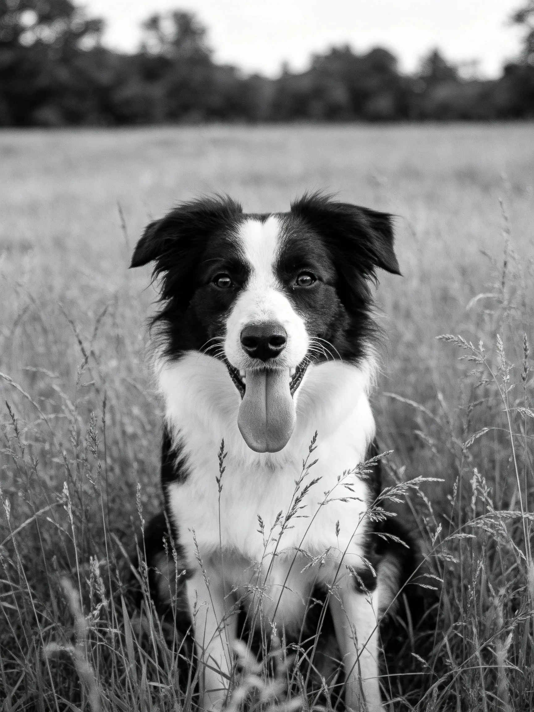 A black and white Border Collie sits calmly in a grassy field with distant trees.