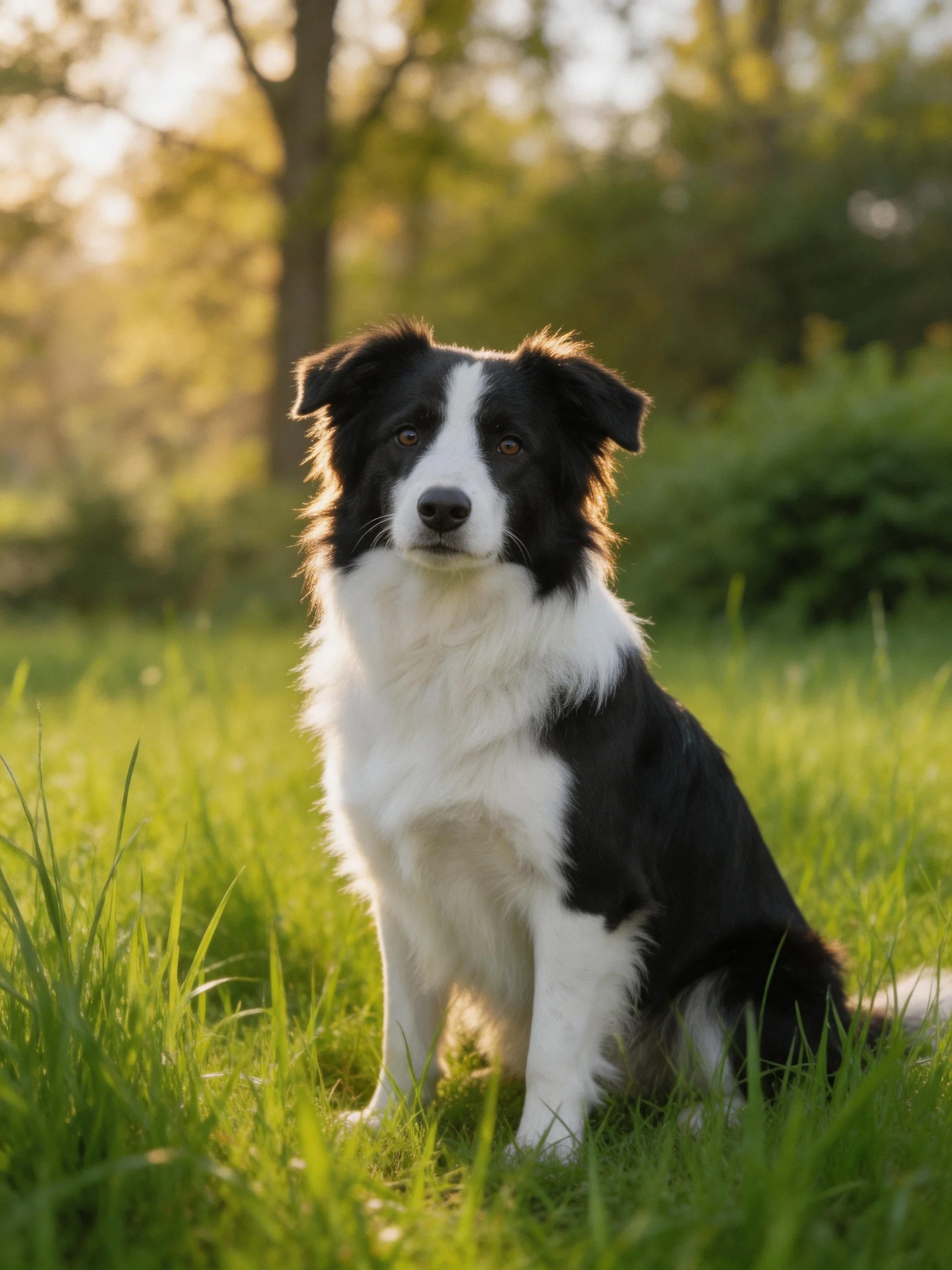 A black and white Border Collie sits calmly in a sunlit grassy area with trees.