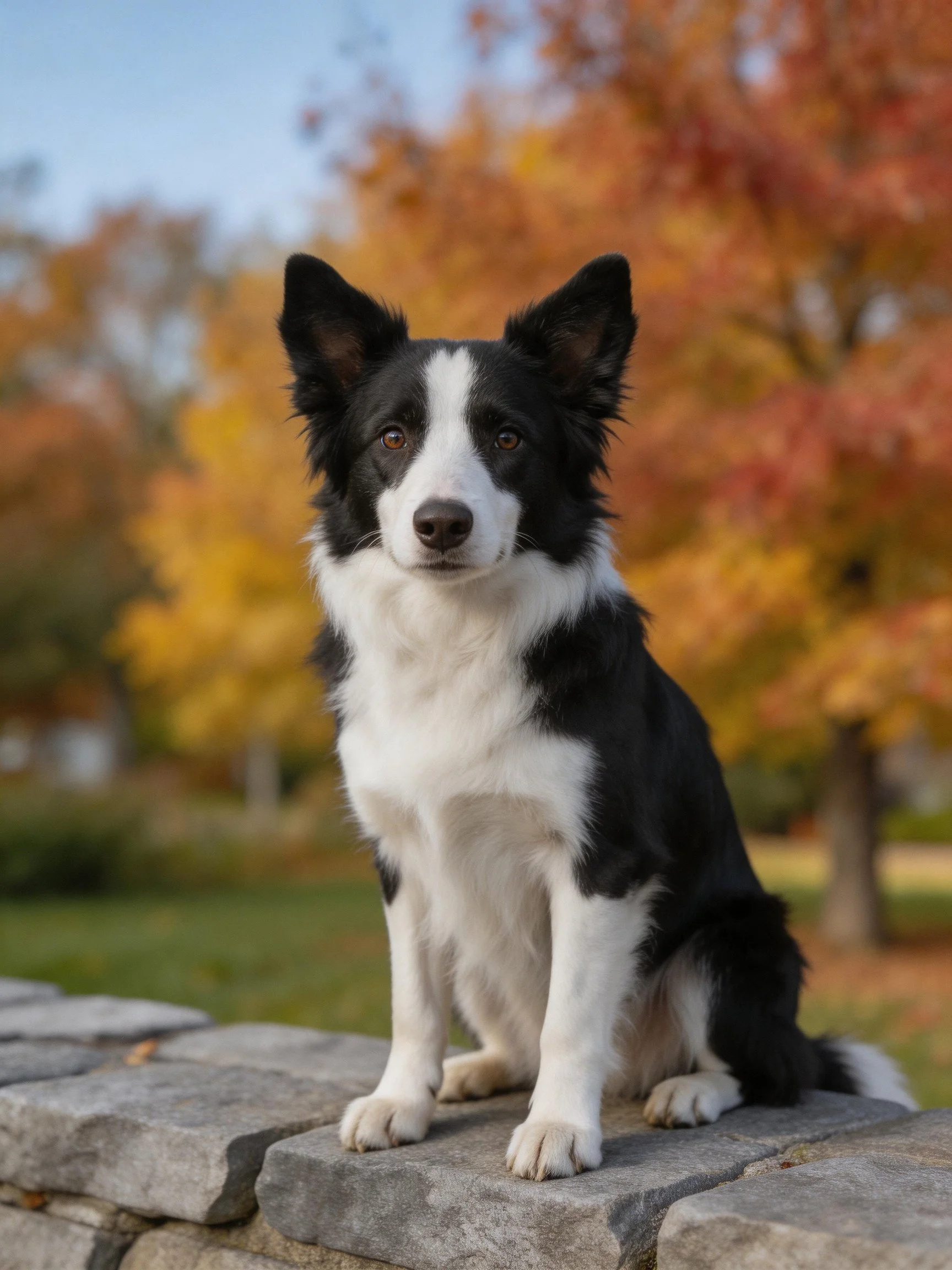 A black and white Border Collie sits on a stone wall near autumn-colored trees.