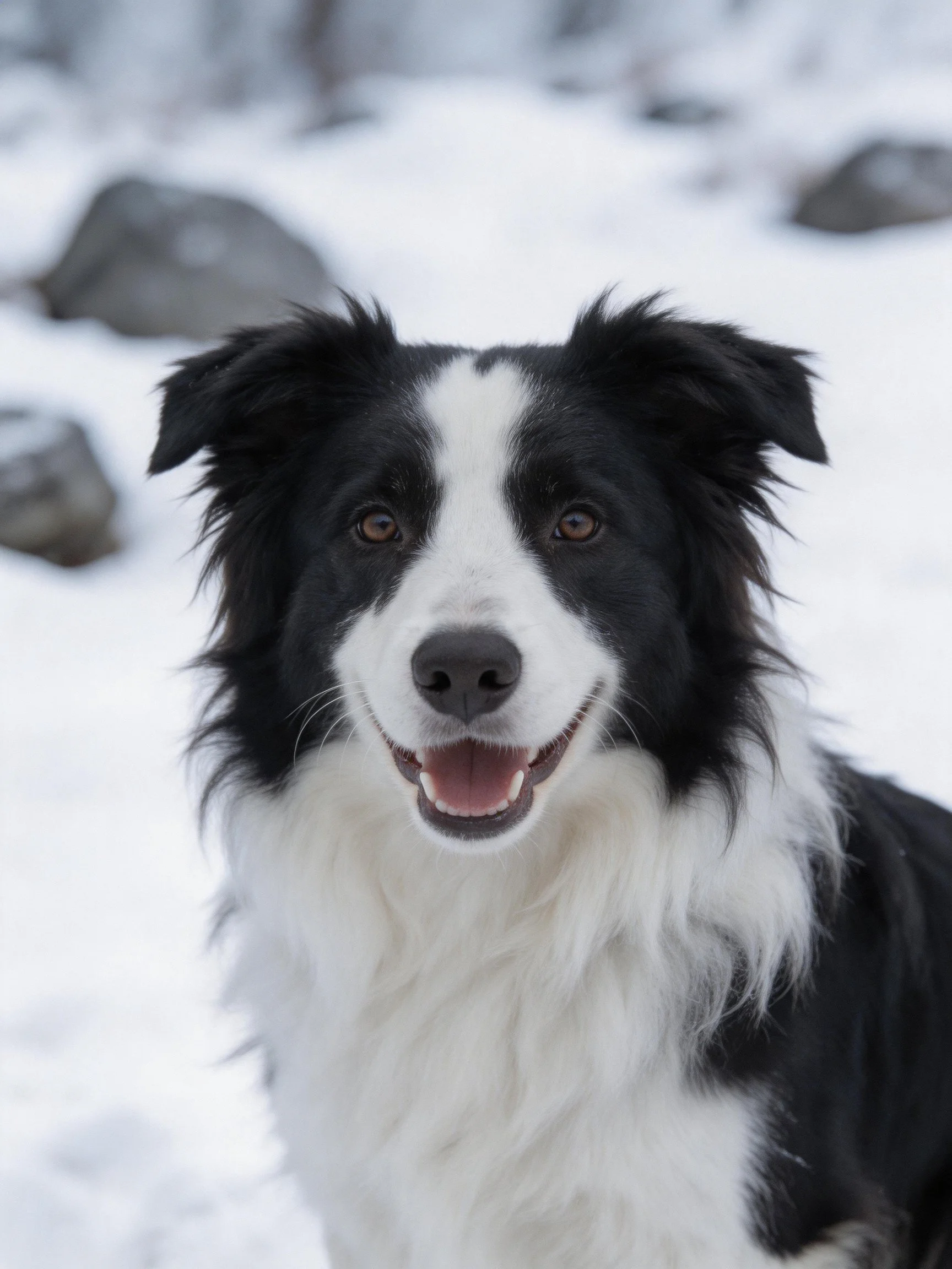 A black and white Border Collie enjoys a snowy outdoor setting with rocks.