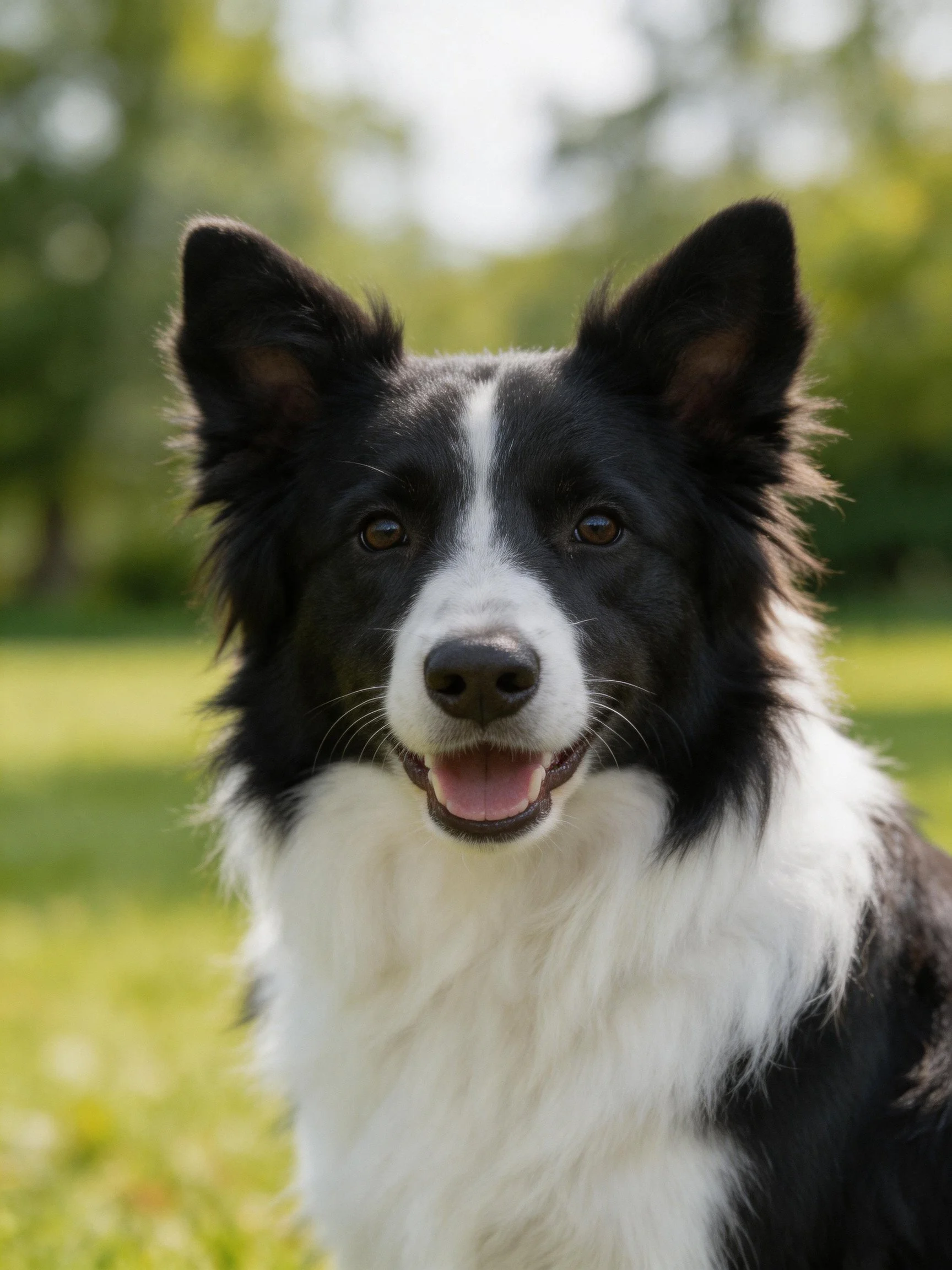 A black and white Border Collie smiles happily in a sunny outdoor area.