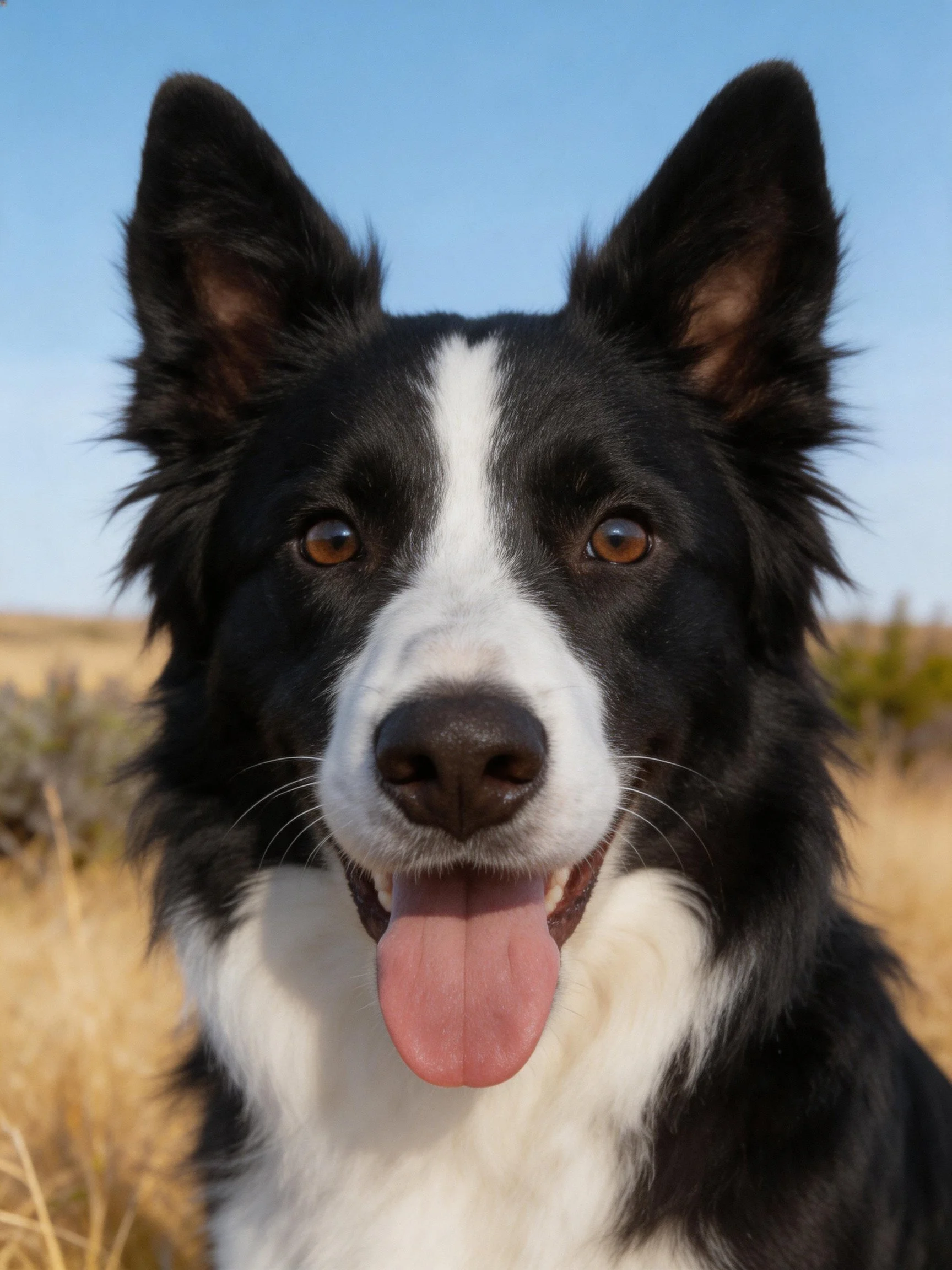 A black and white Border Collie smiles cheerfully in an open field.