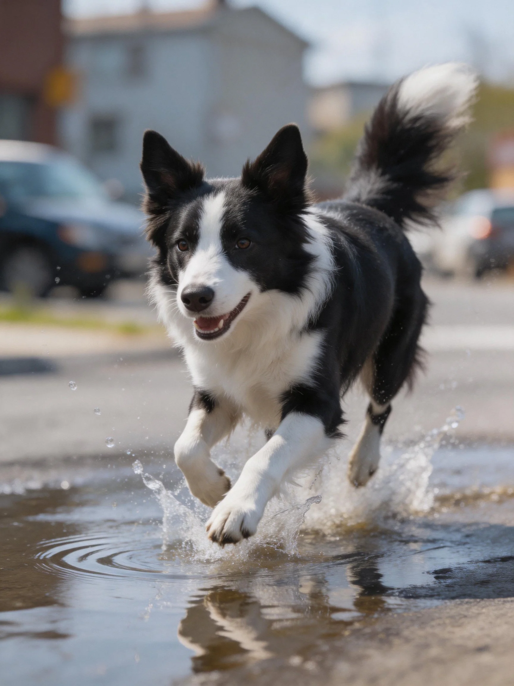 A black and white Border Collie spl through a puddle in an urban area.