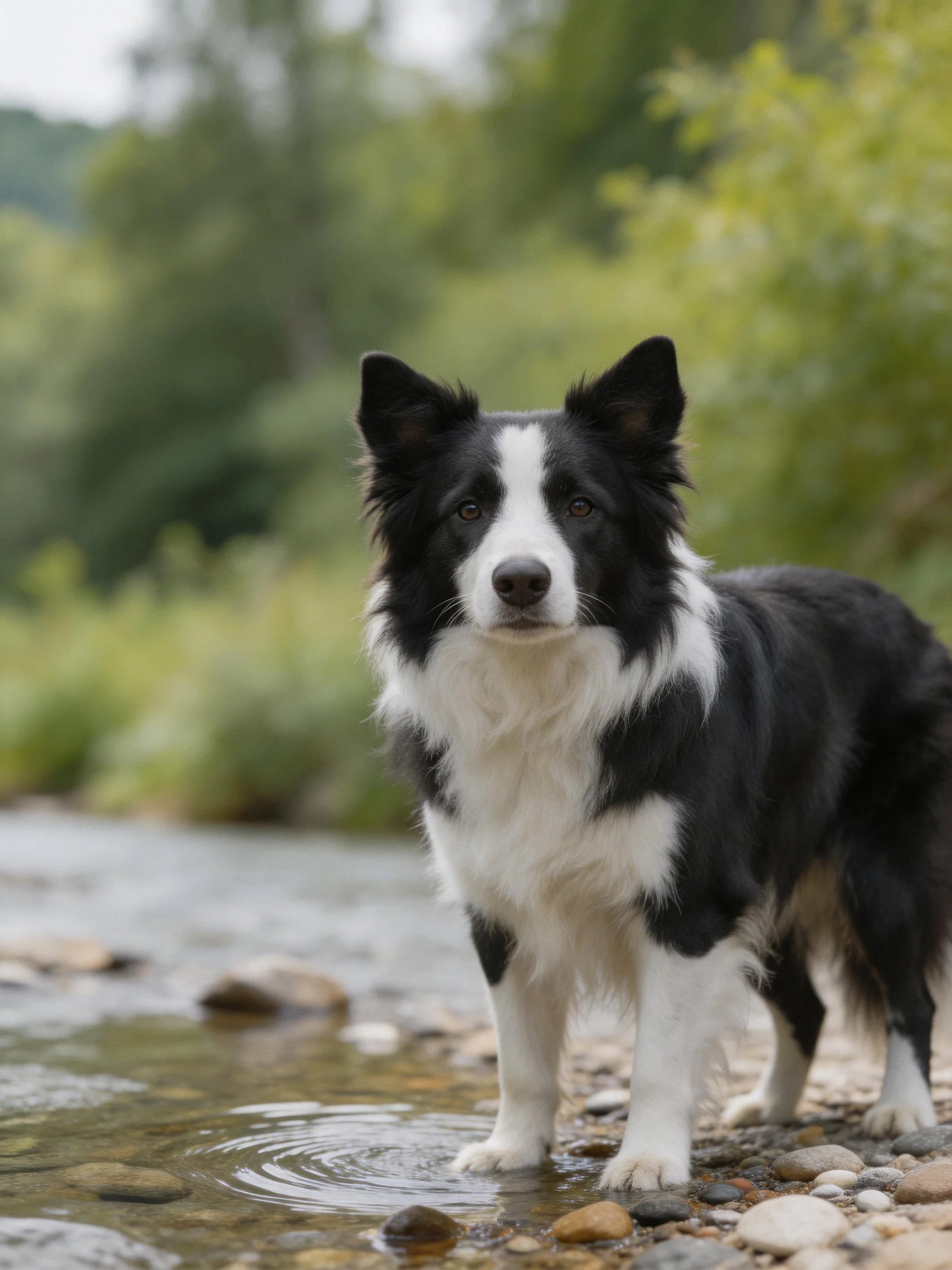 A black and white Border Collie stands near a rocky stream surrounded by greenery.