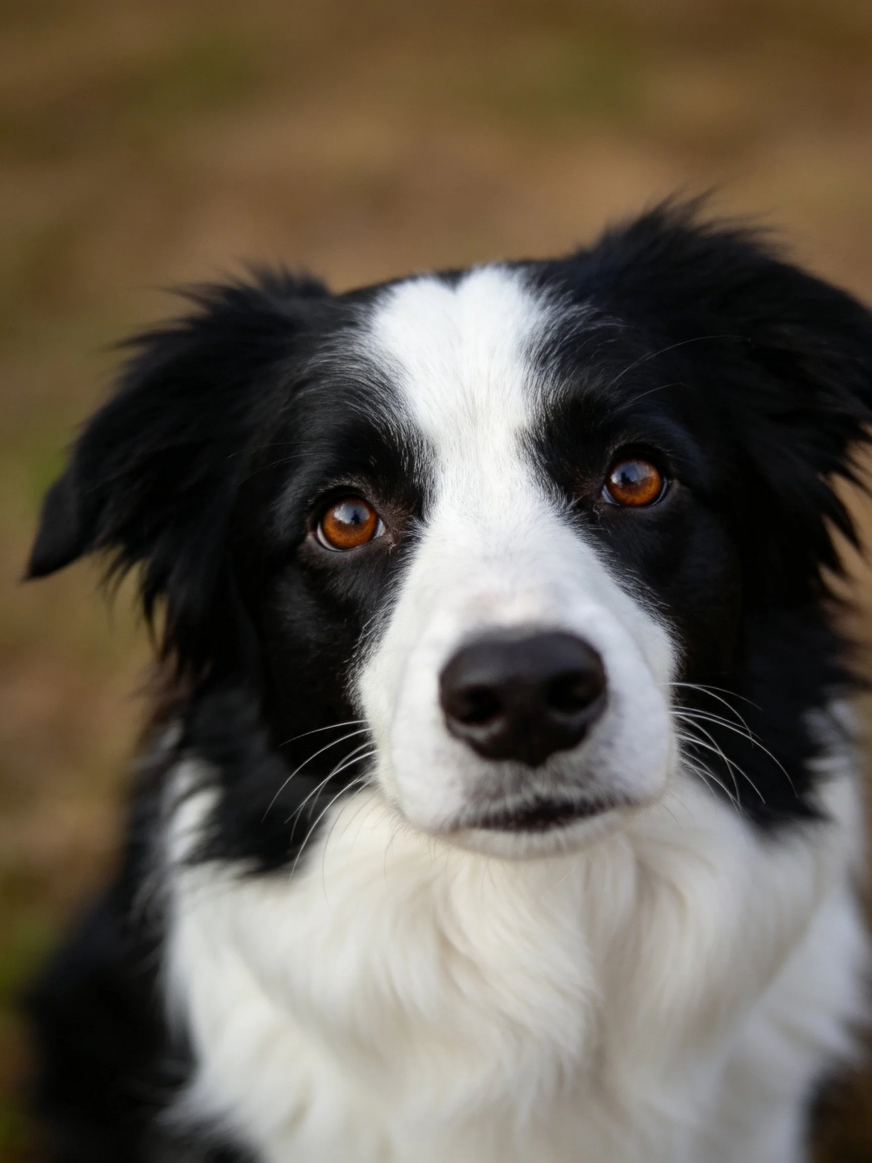 Close-up portrait of a black and white Border Collie with amber eyes.
