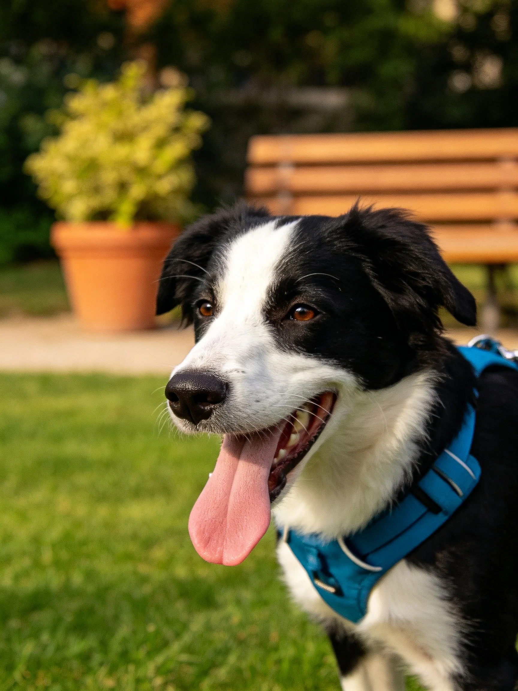 A black and white Border Collie with a blue harness enjoys a sunny park.