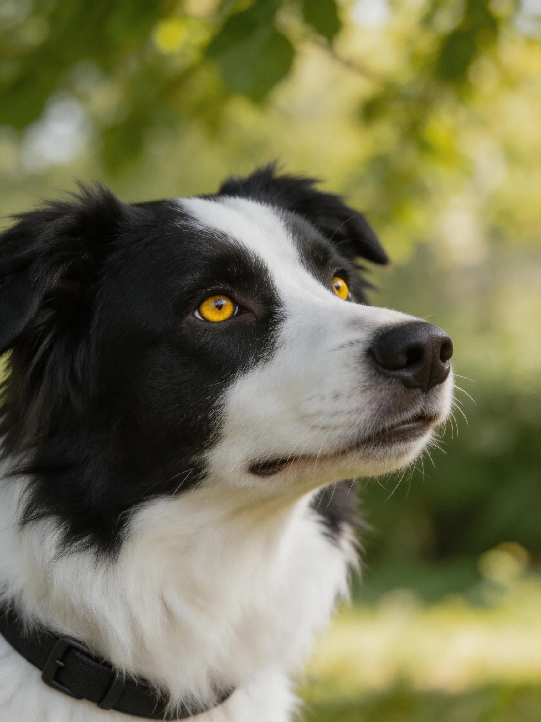 A black and white Border Collie gazes attentively among greenery.