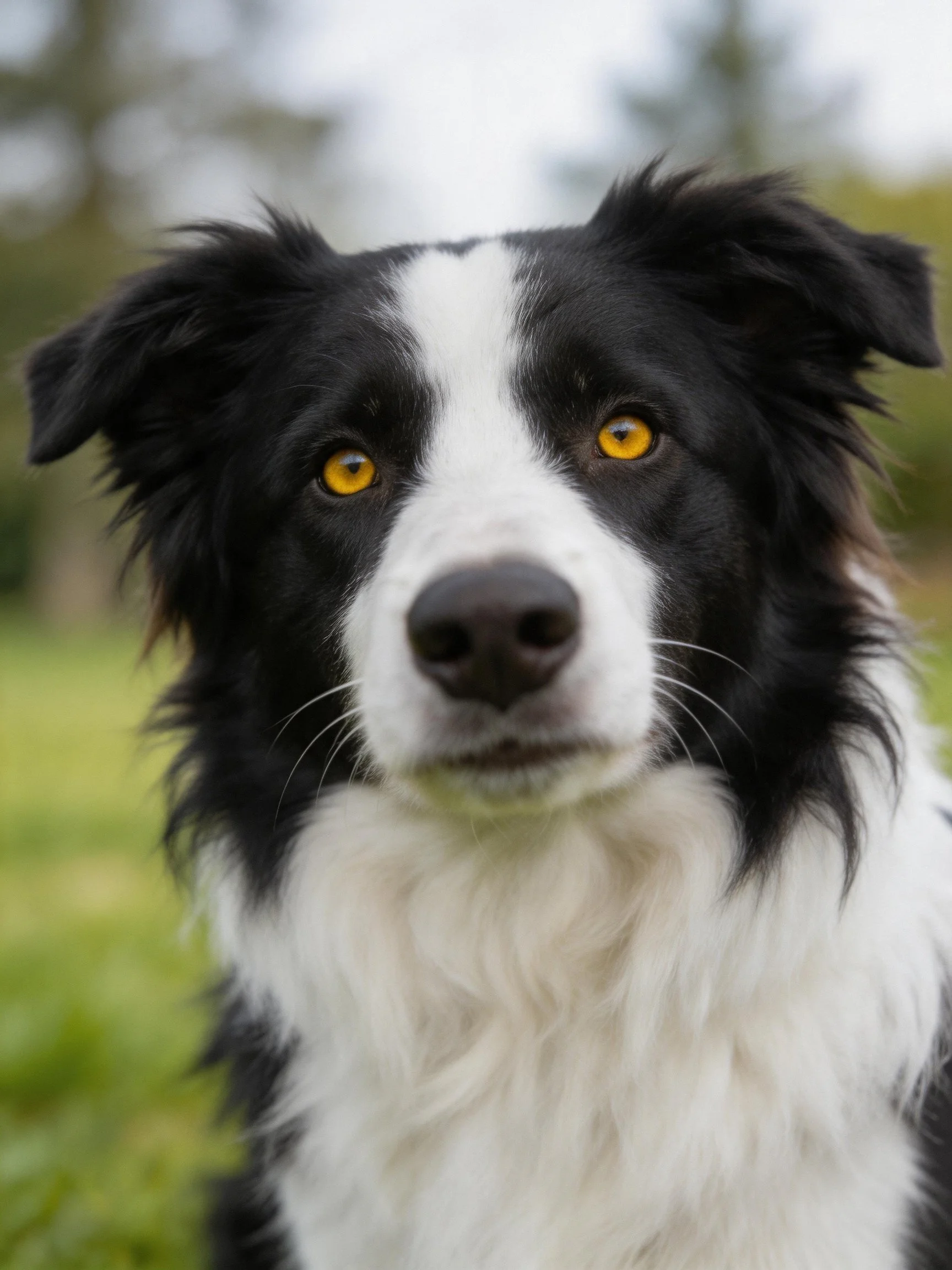 A black and white Border Collie gazes directly at the camera in a blurred natural environment.