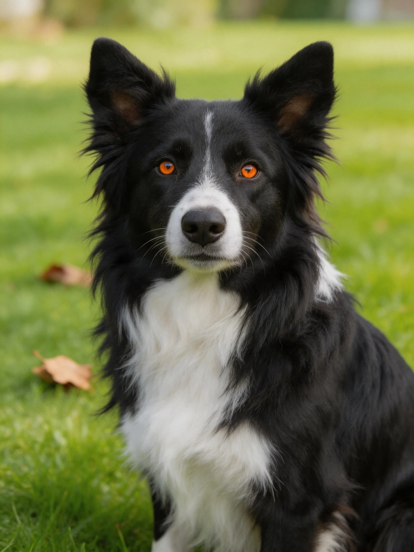 A black and white Border Collie with orange eyes sits on green grass.