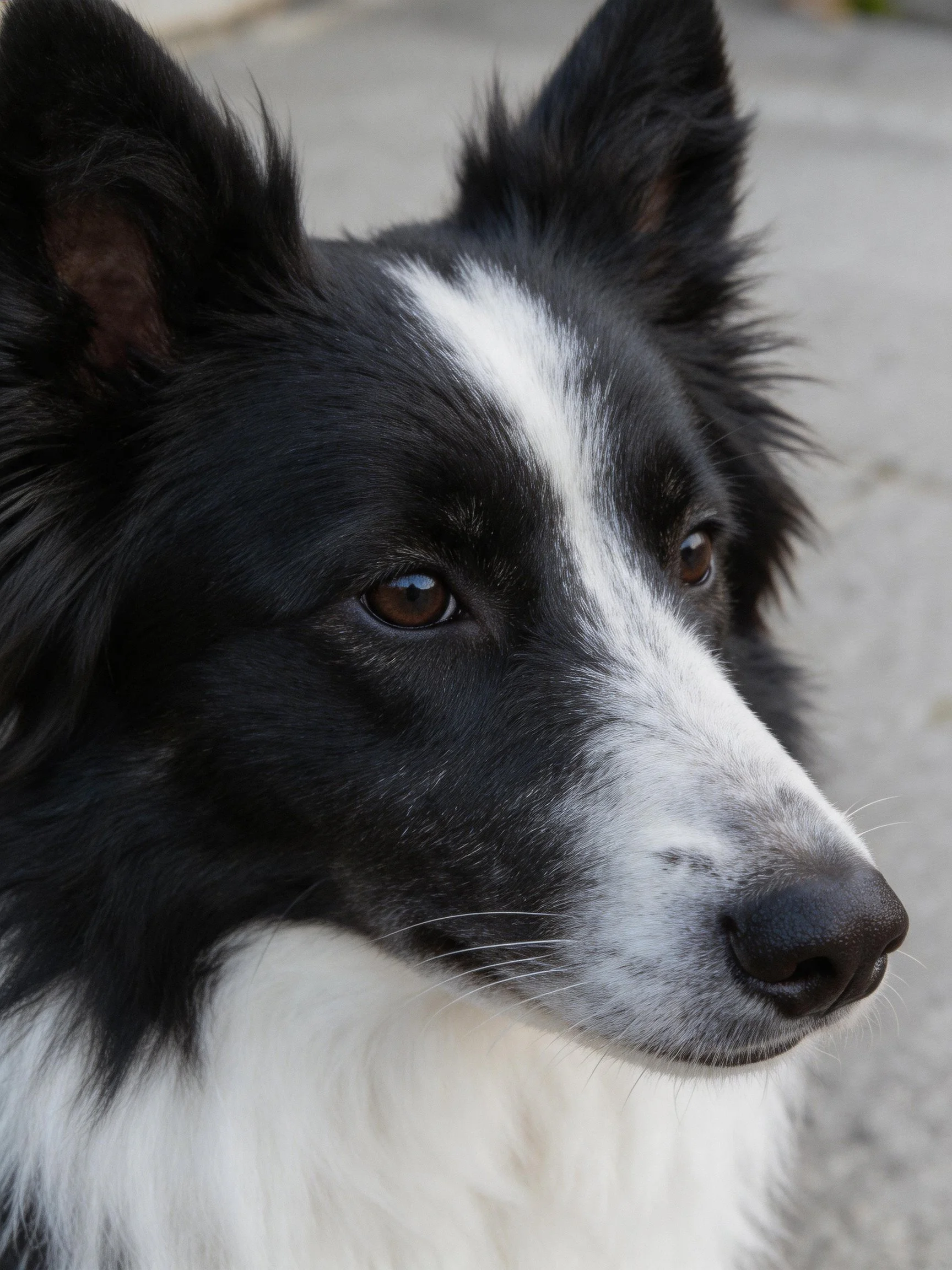 A black and white Border Collie appears alert with raised ears.