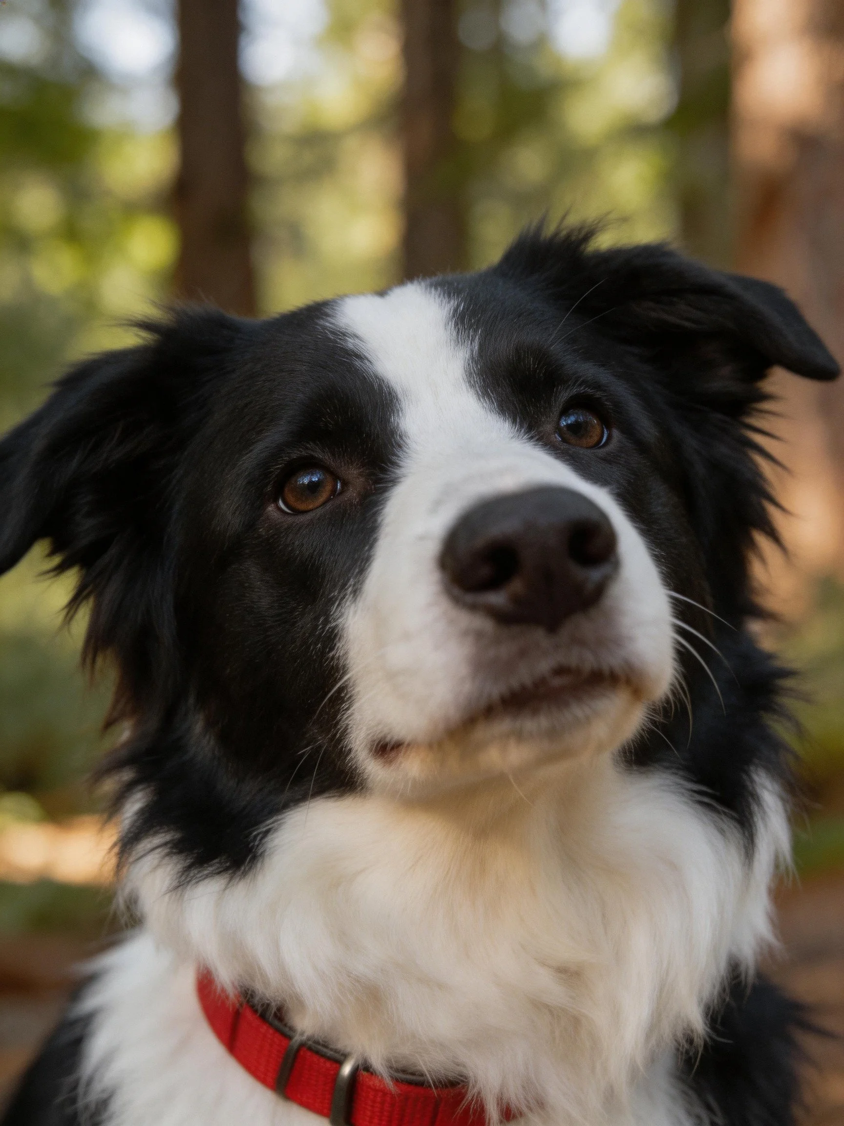 A black and white Border Collie with a red collar gazes in a forest.