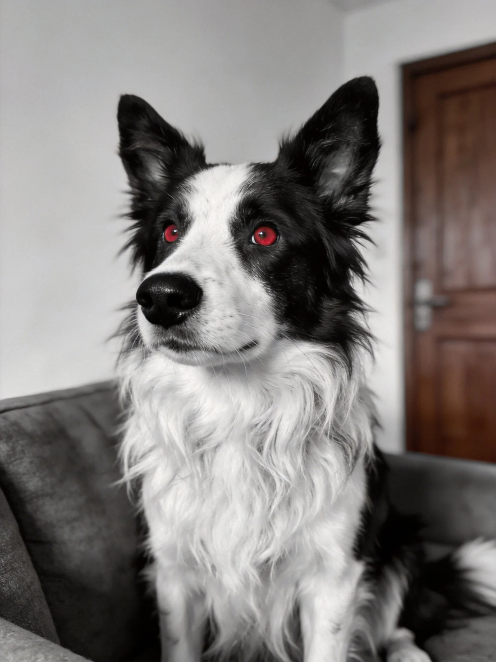 A black and white Border Collie with bright red eyes sits on a gray couch indoors.