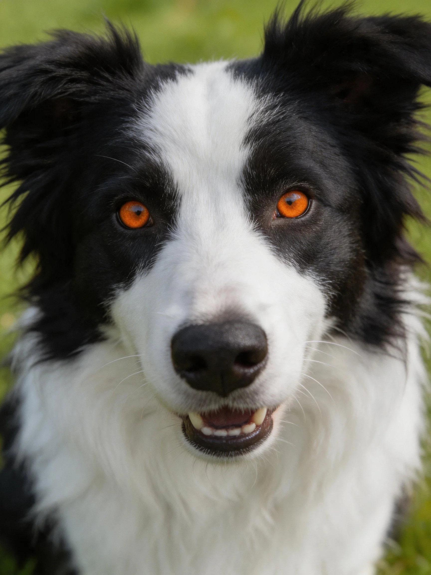 Close - up of a black and white Border Collie with bright orange eyes in nature.