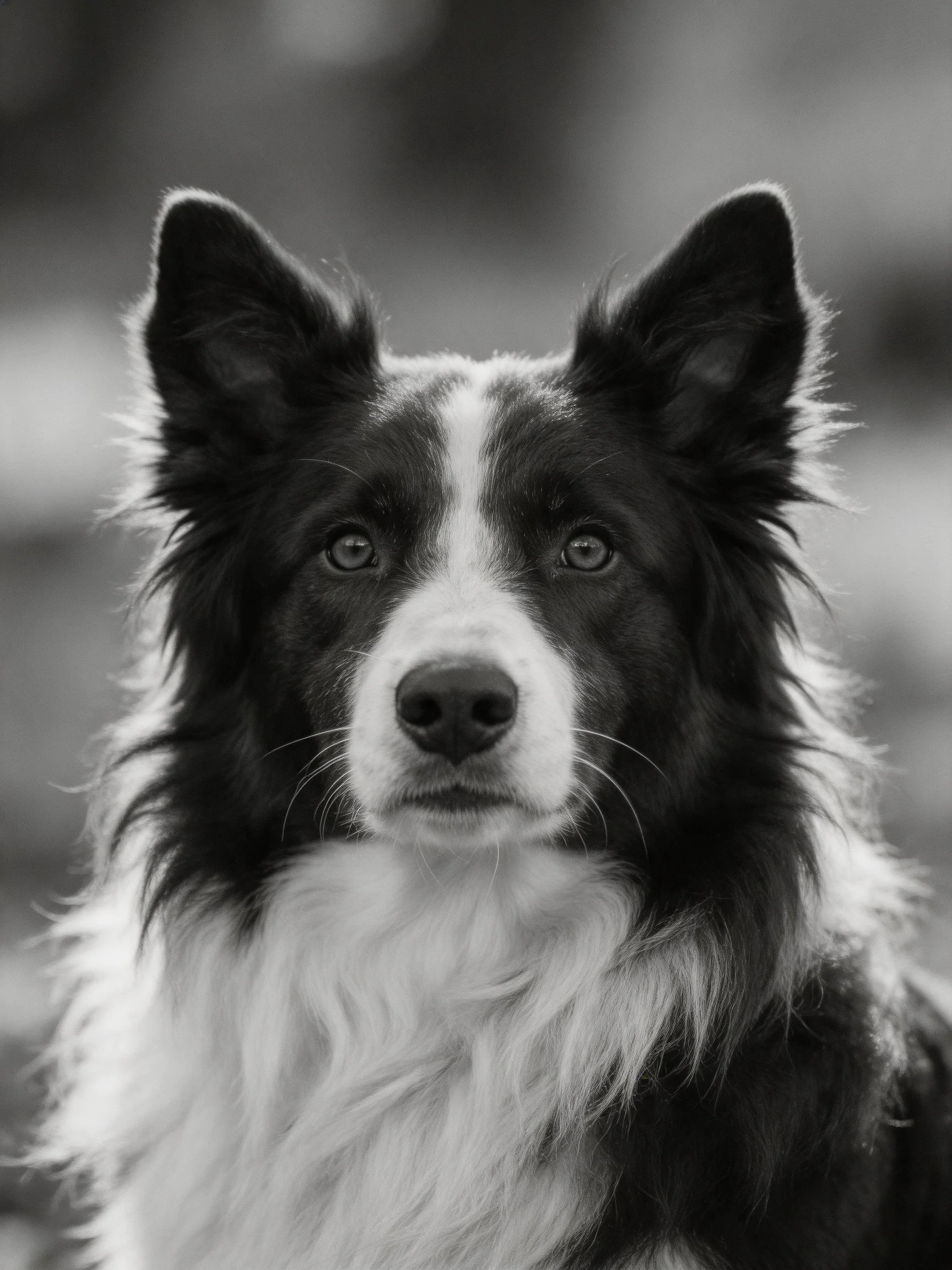 Close-up of a black and white Border Collie with attentive gaze.