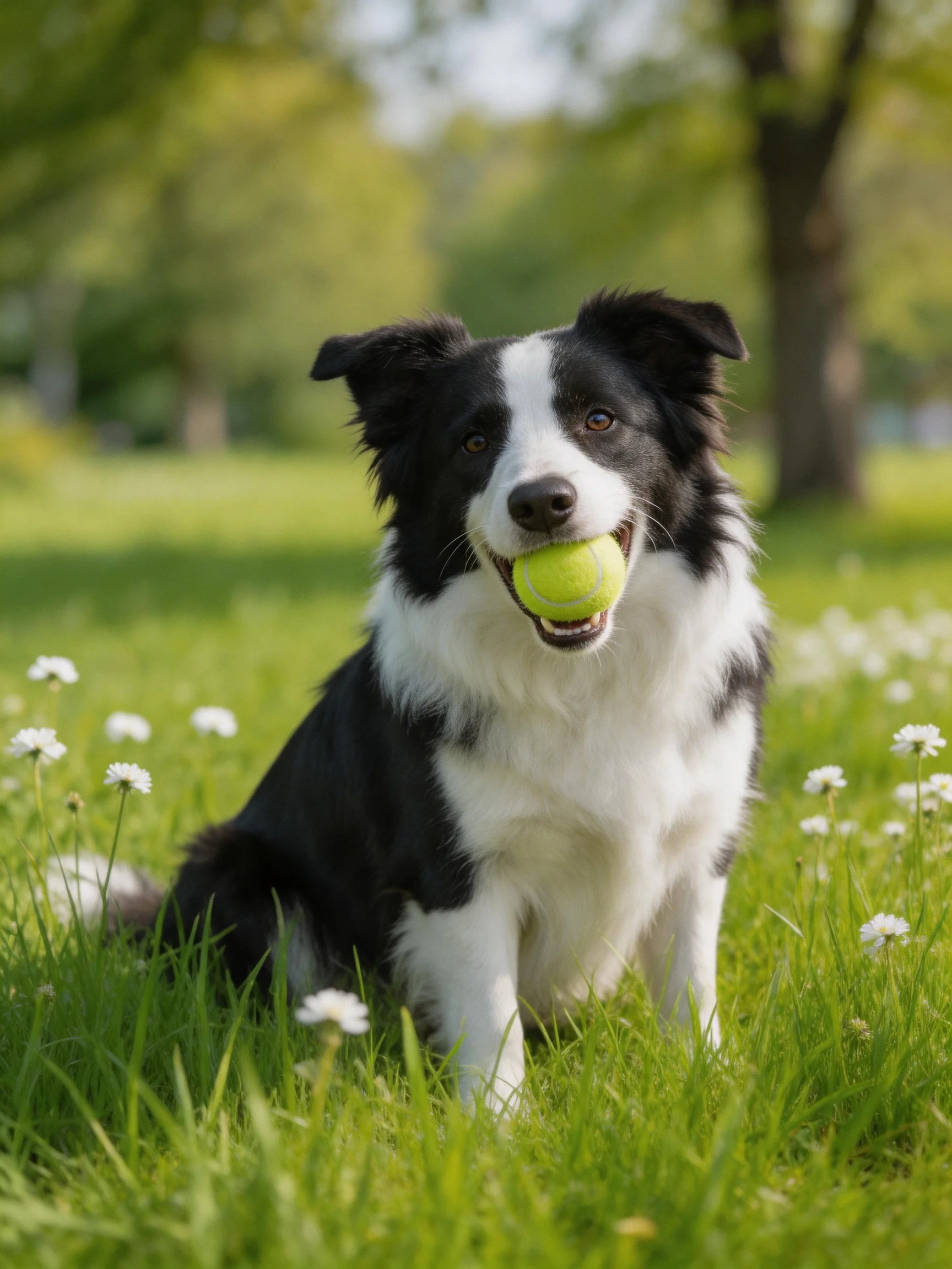 A black and white Border Collie holds a yellow tennis ball in a grassy