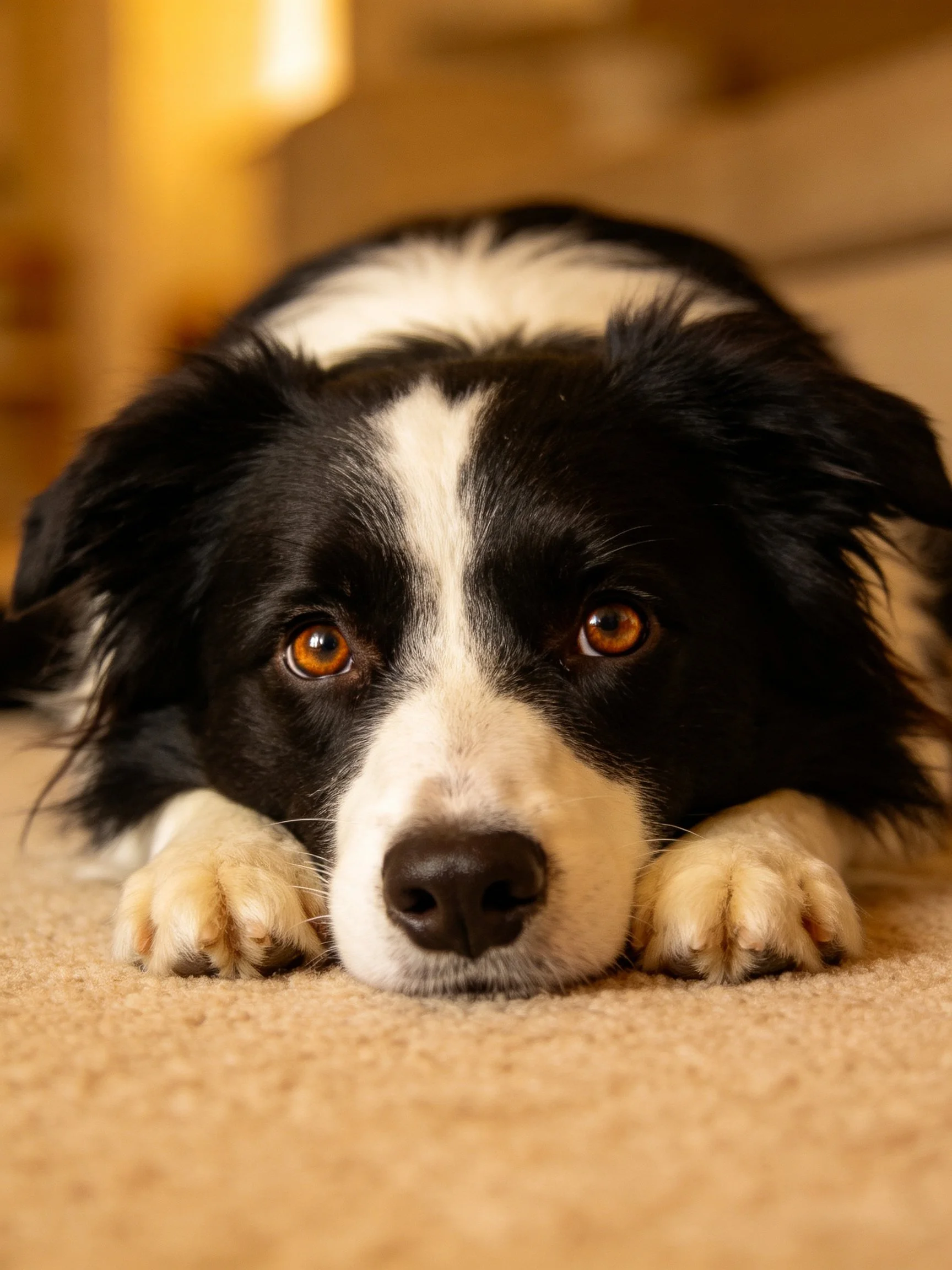 A black and white Border collie rests on a beige carpet in an indoor setting.