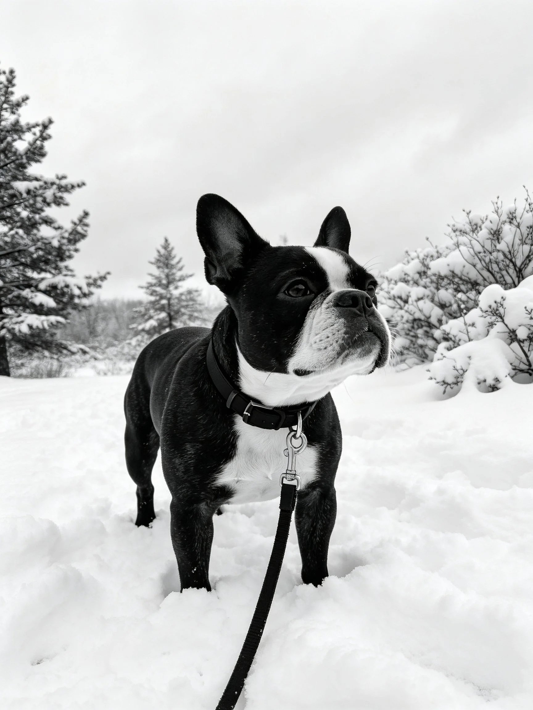 Black and white Boston Terrier in deep snow near snow-covered trees