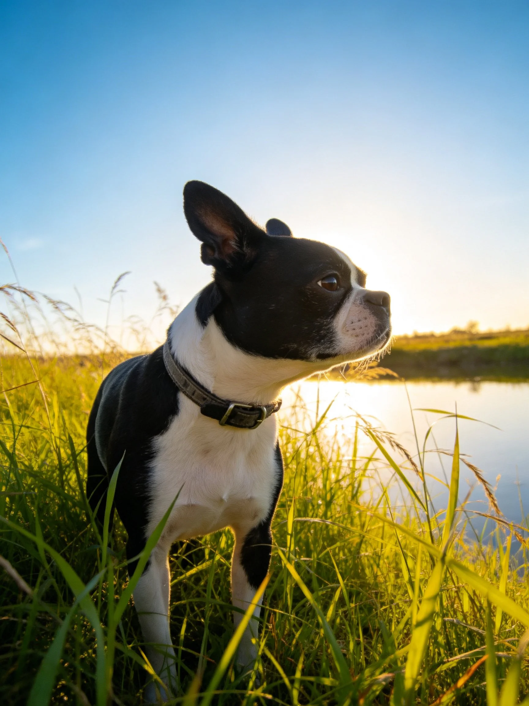 A black and white Boston Terrier stands in tall grass near a calm body of water under a clear sky.