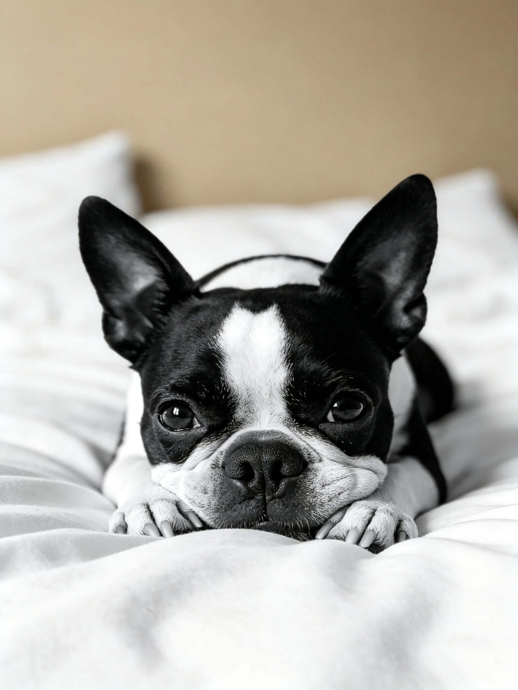 A black and white Boston Terrier relaxes on white bedding.