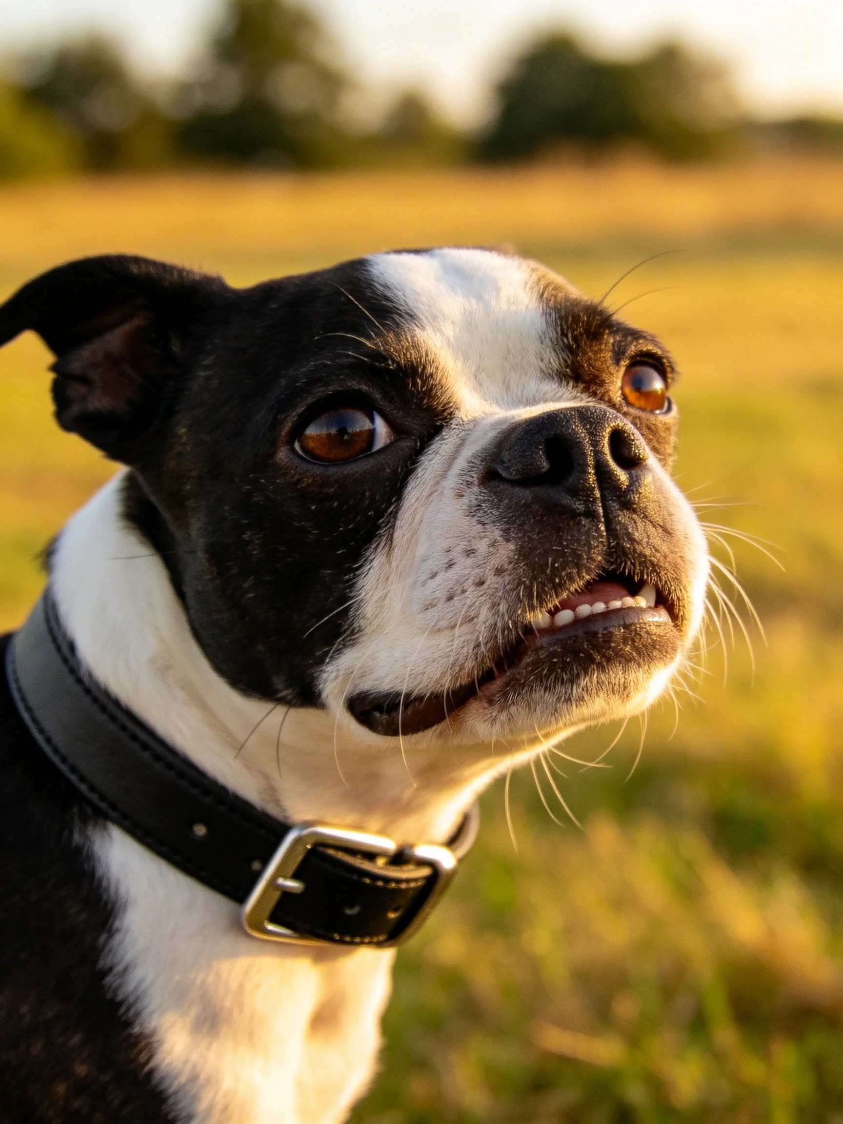 Black and white Boston Terrier with leather collar in sunlit meadow