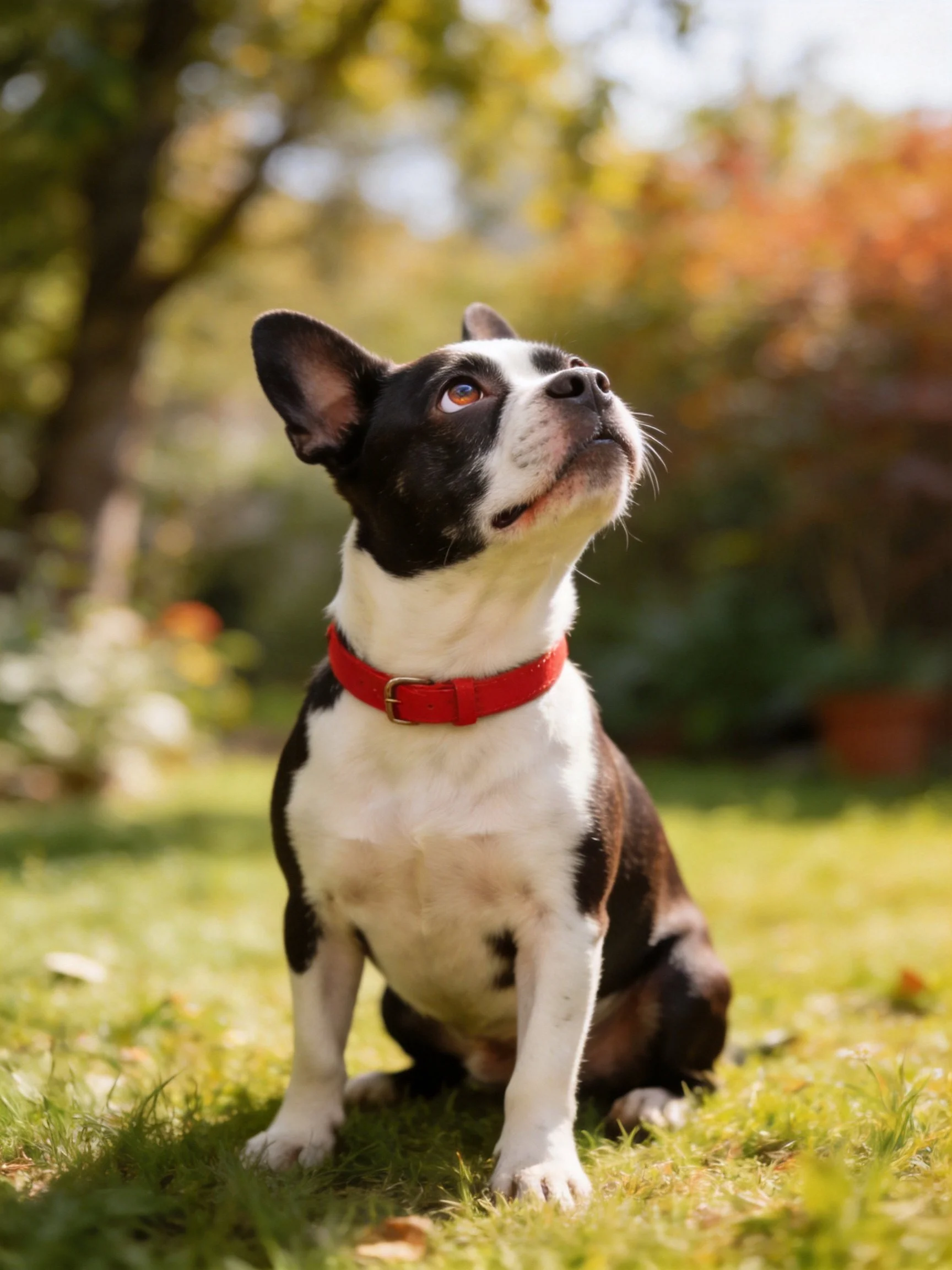 A black and white Boston Terrier with a red collar sits on grass in a sunny garden.