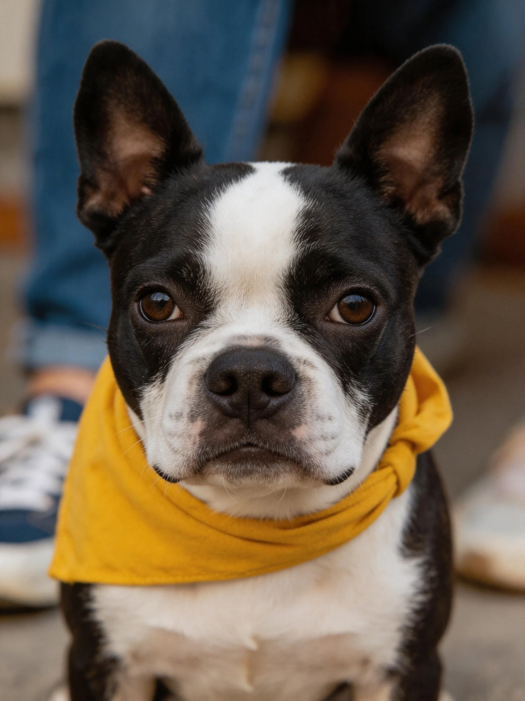 A Boston Terrier with black and white fur wears a yellow bandana near a person in jeans.