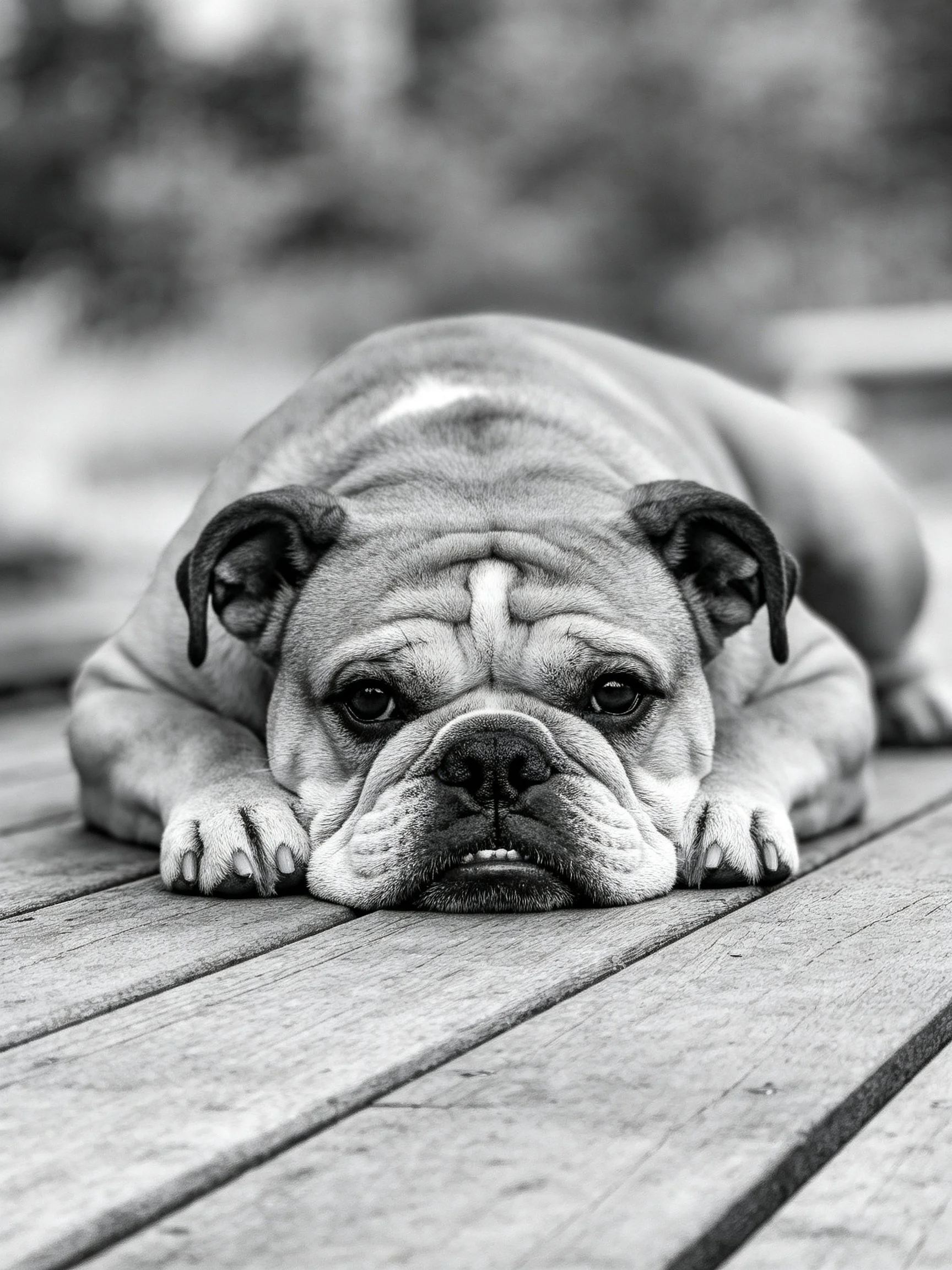 Black - and - white English bulldog resting on wooden planks