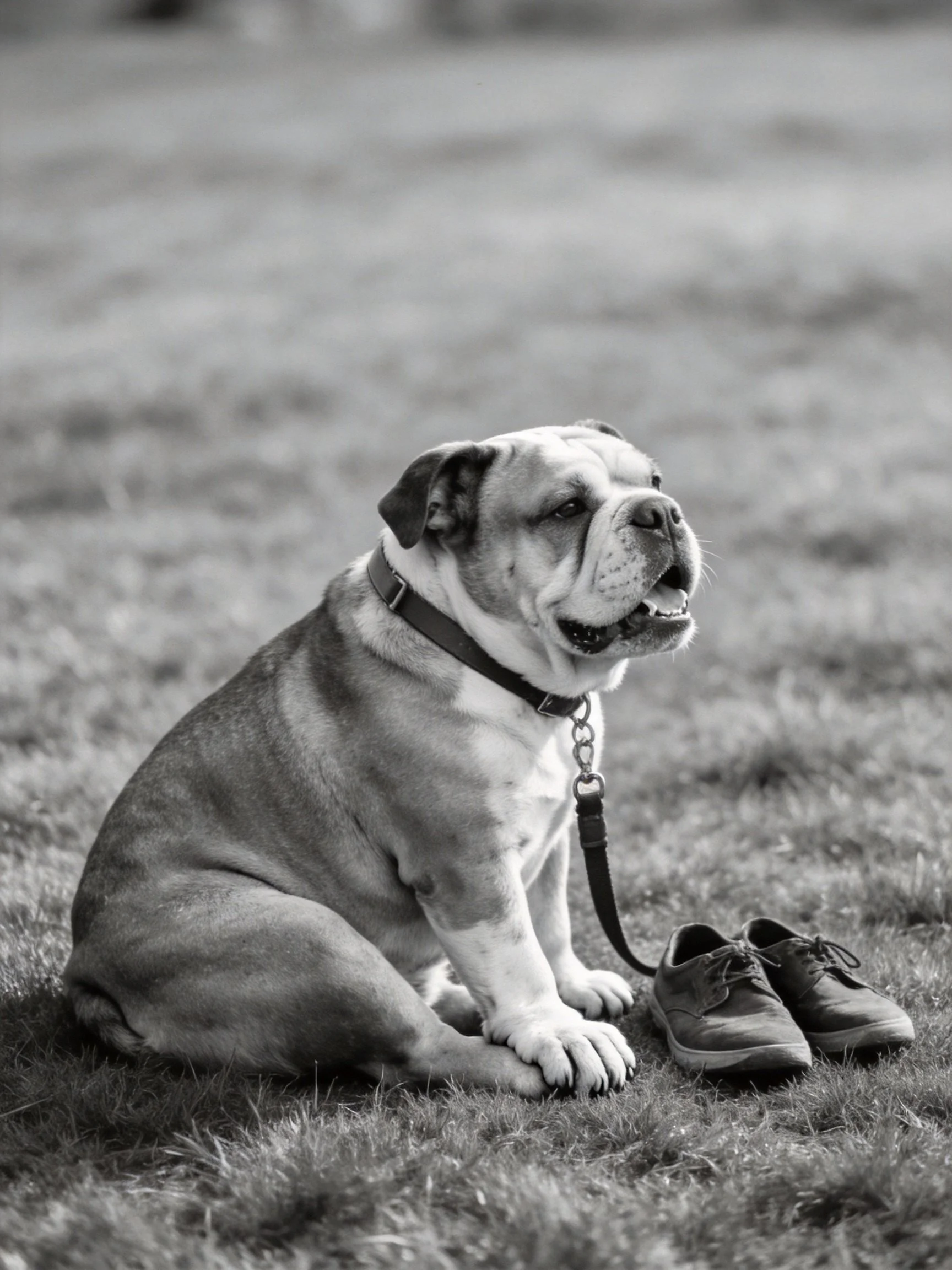Black - and - white English bulldog sitting beside shoes on grass