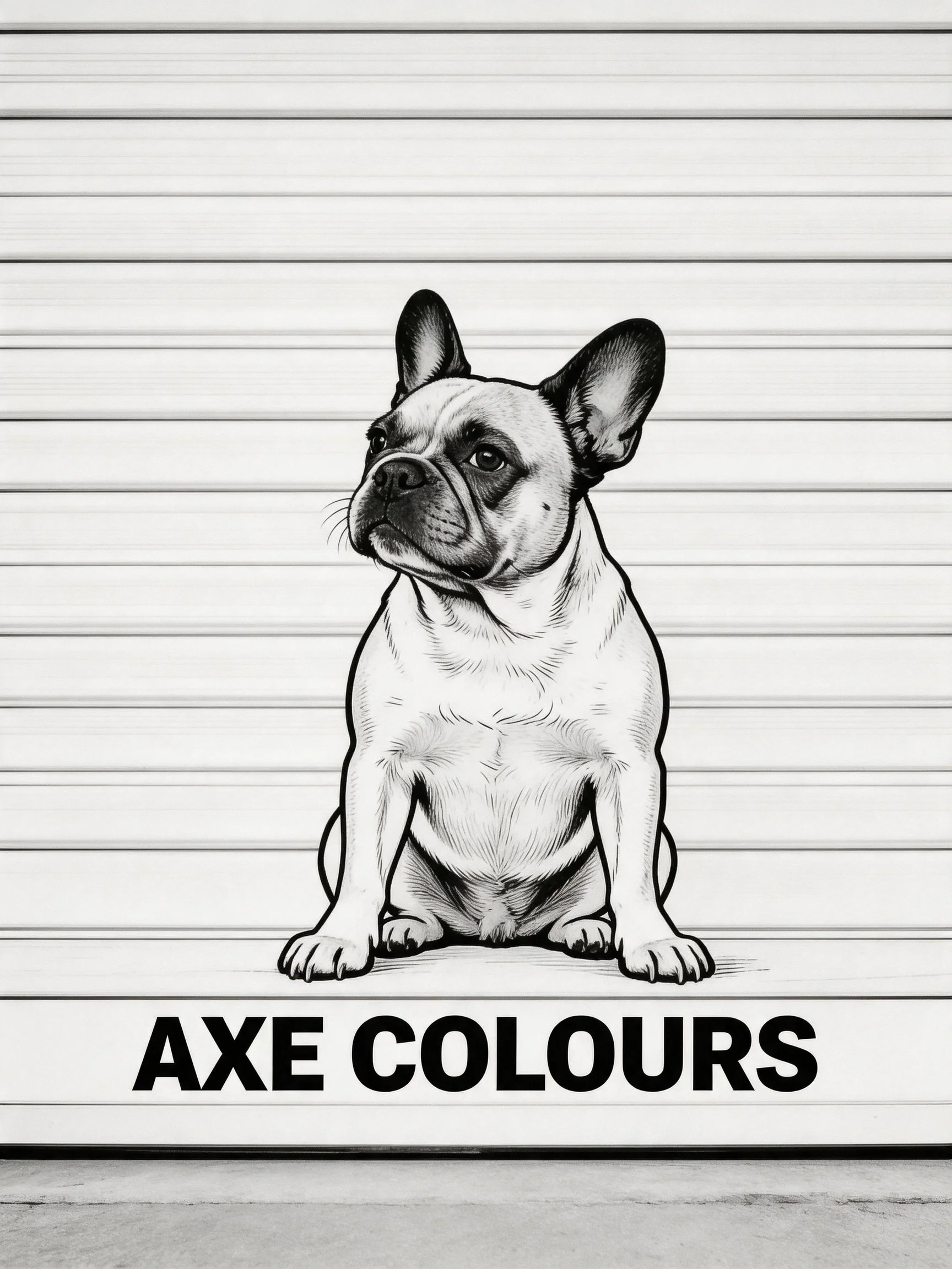 A black-and-white illustration of a French bulldog is shown with AXE COLOURS text below.