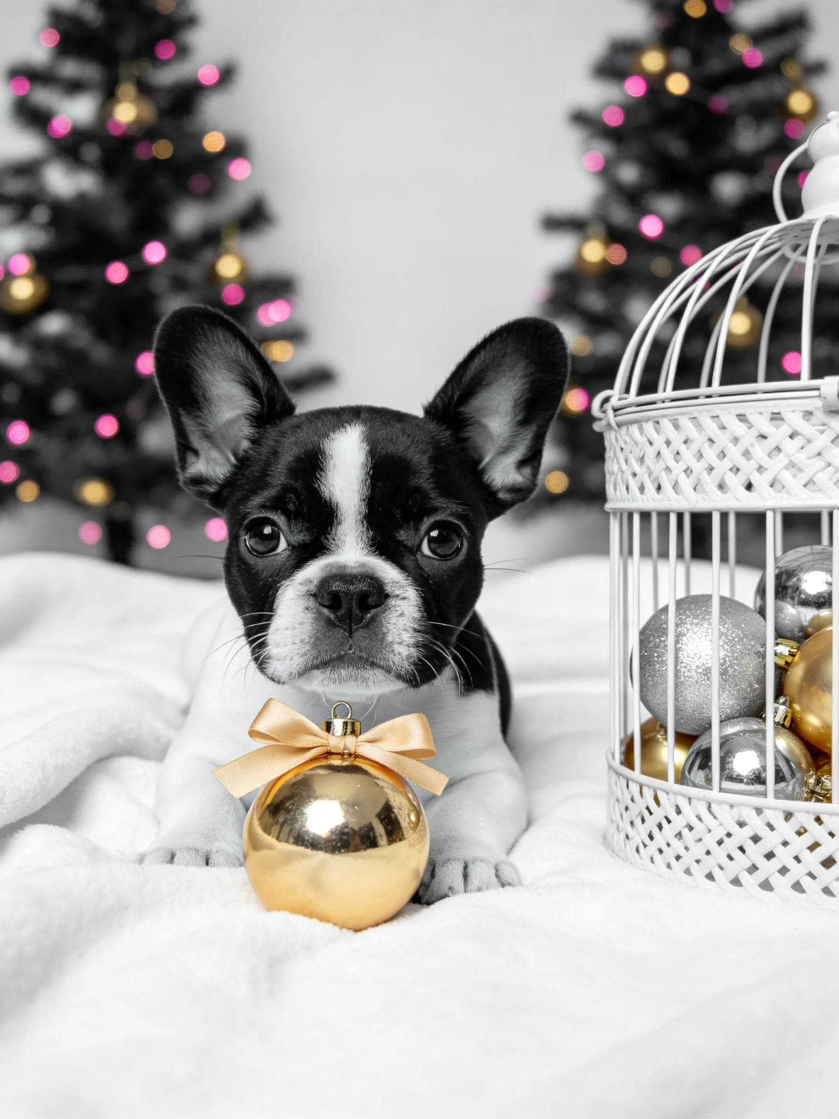 A black-and-white French bulldog puppy sits beside a golden ornament amid holiday decor.