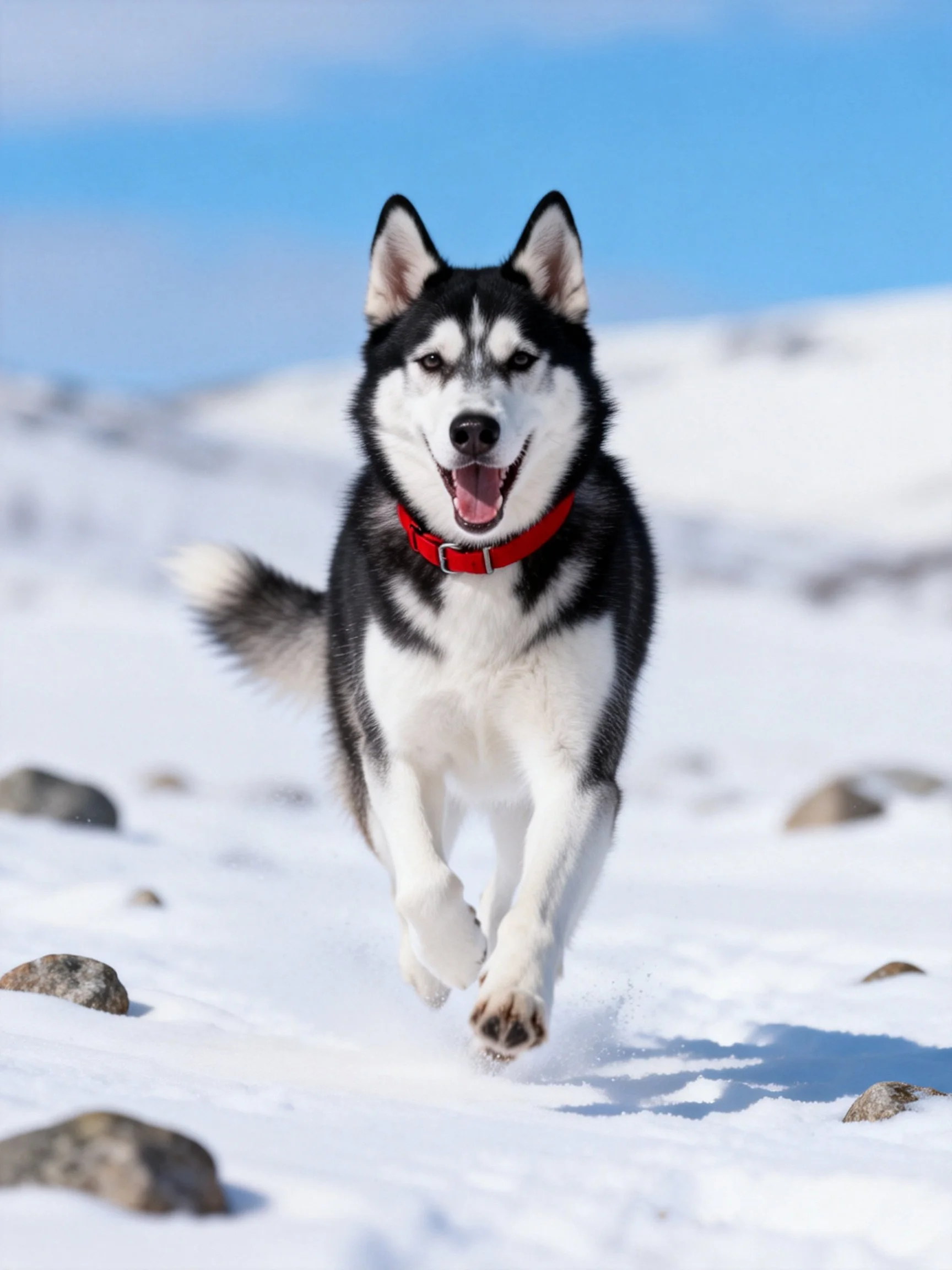 Black and white Siberian Husky runs joyfully through snowy terrain