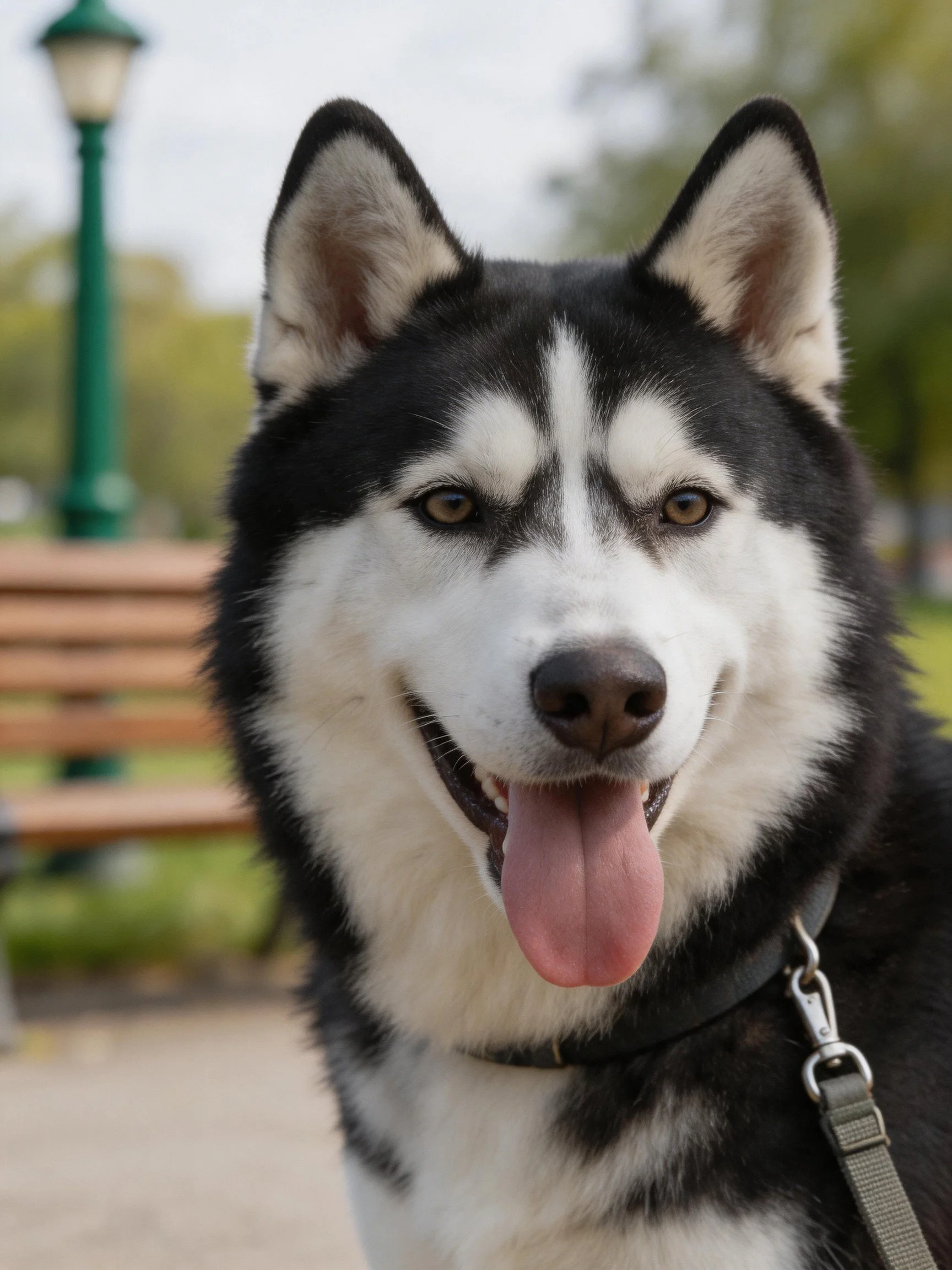 Black and white Siberian Husky smiling in a park