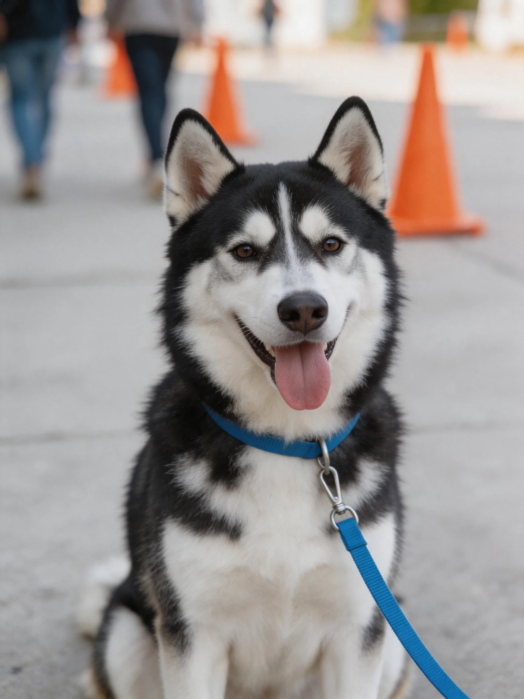 Black and white Siberian Husky with blue collar near orange traffic cones
