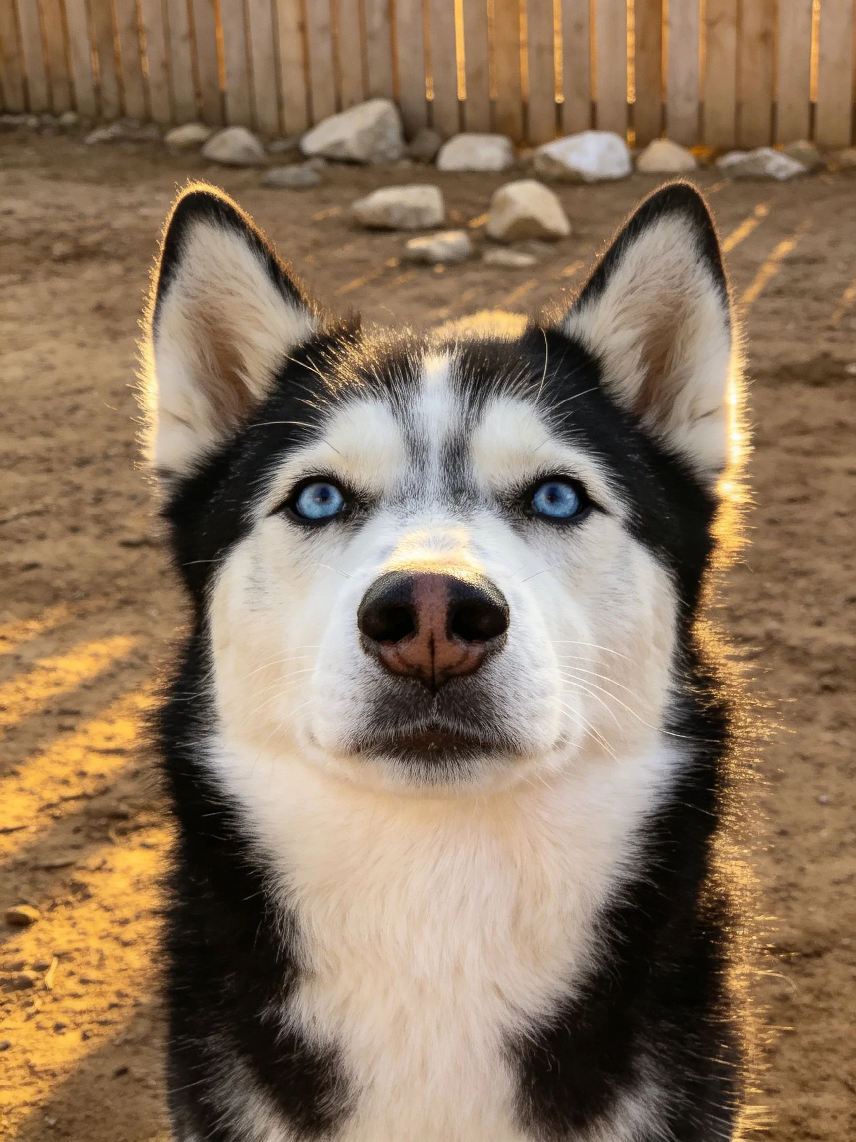 Black - and - white Siberian Husky with bright blue eyes in an outdoor area