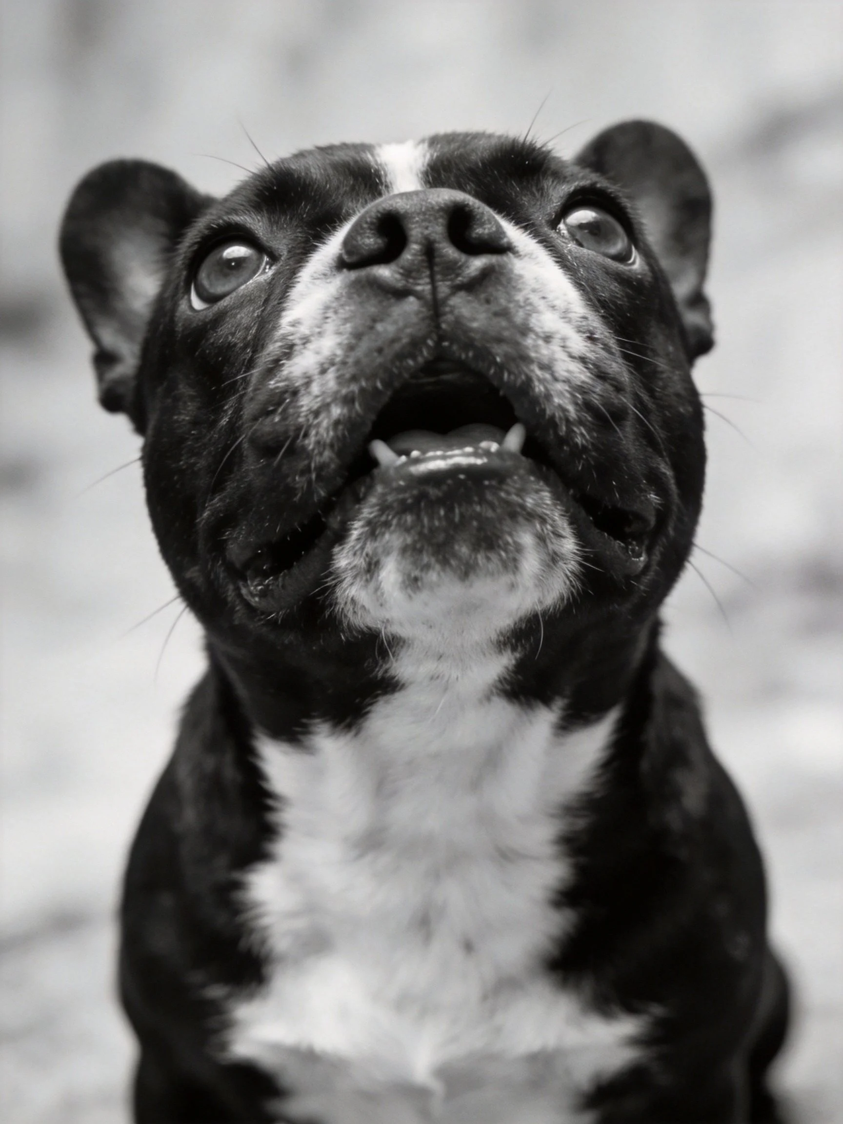 Black and white bulldog gazes upward with mouth open