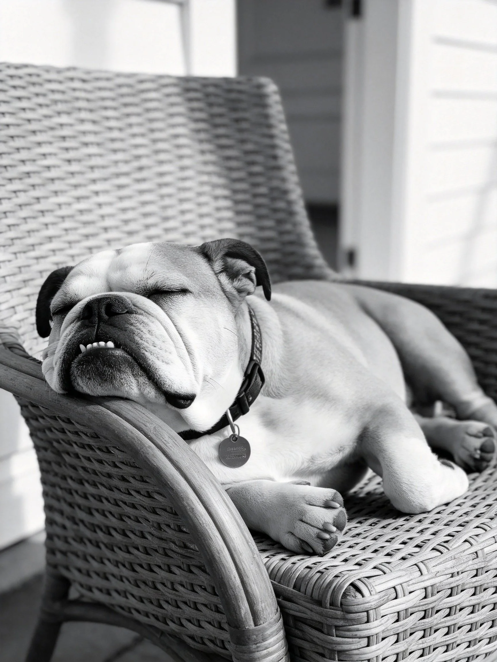 Black - and - white bulldog napping on a wicker patio chair
