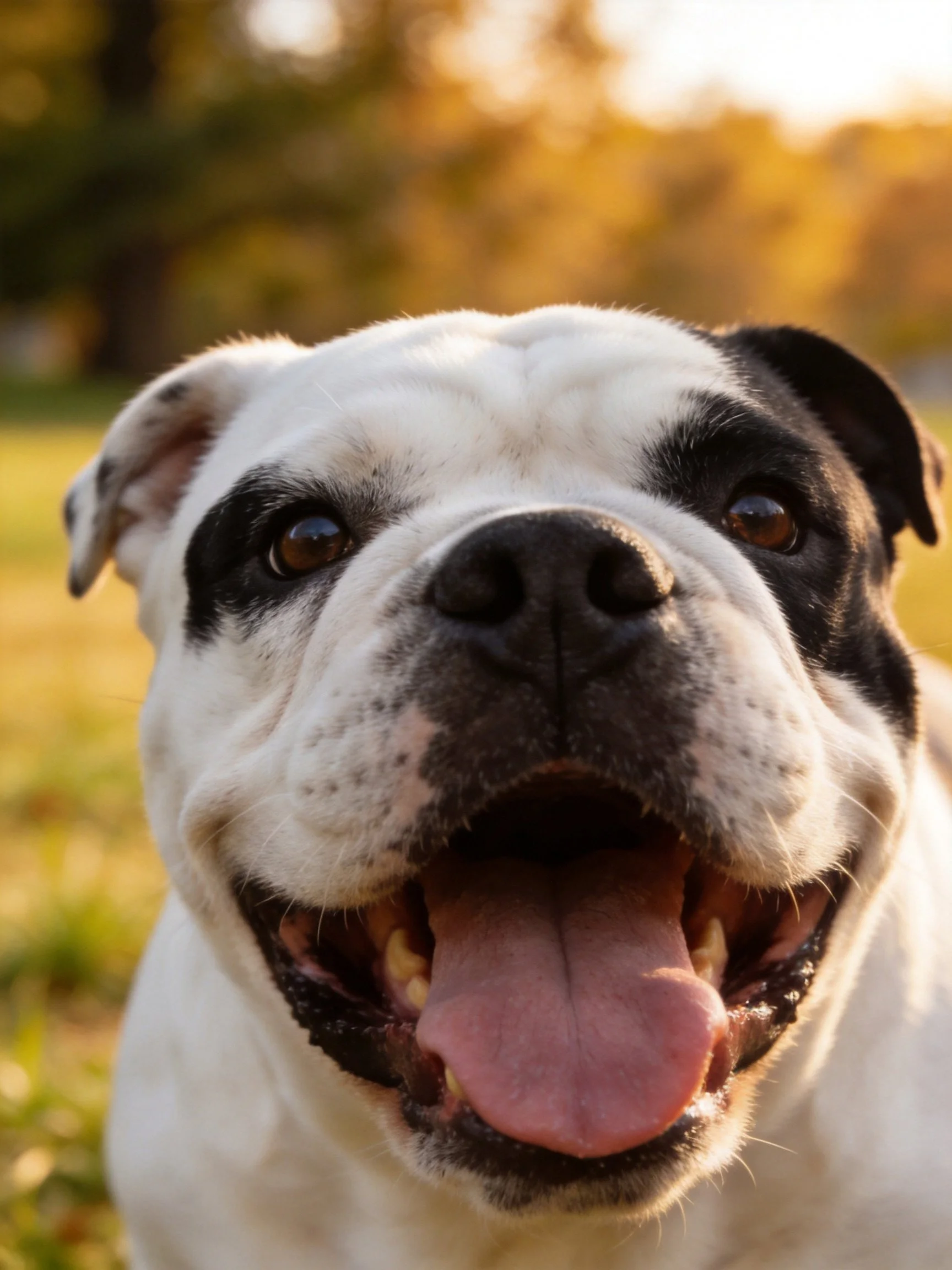 A black and white bulldog appears joyful with mouth open.