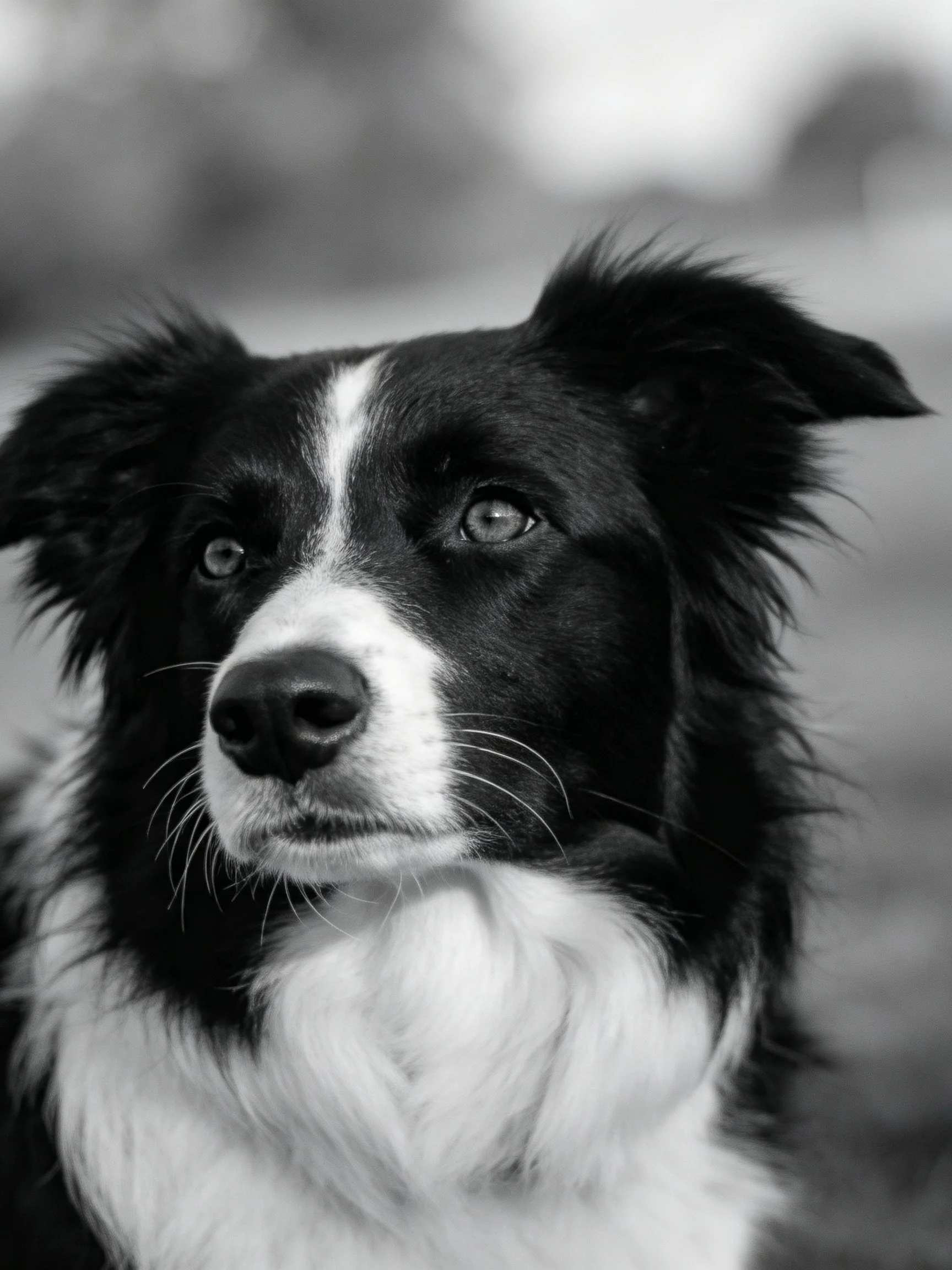 A monochrome photograph highlights a Border Collie’s expressive facial features.