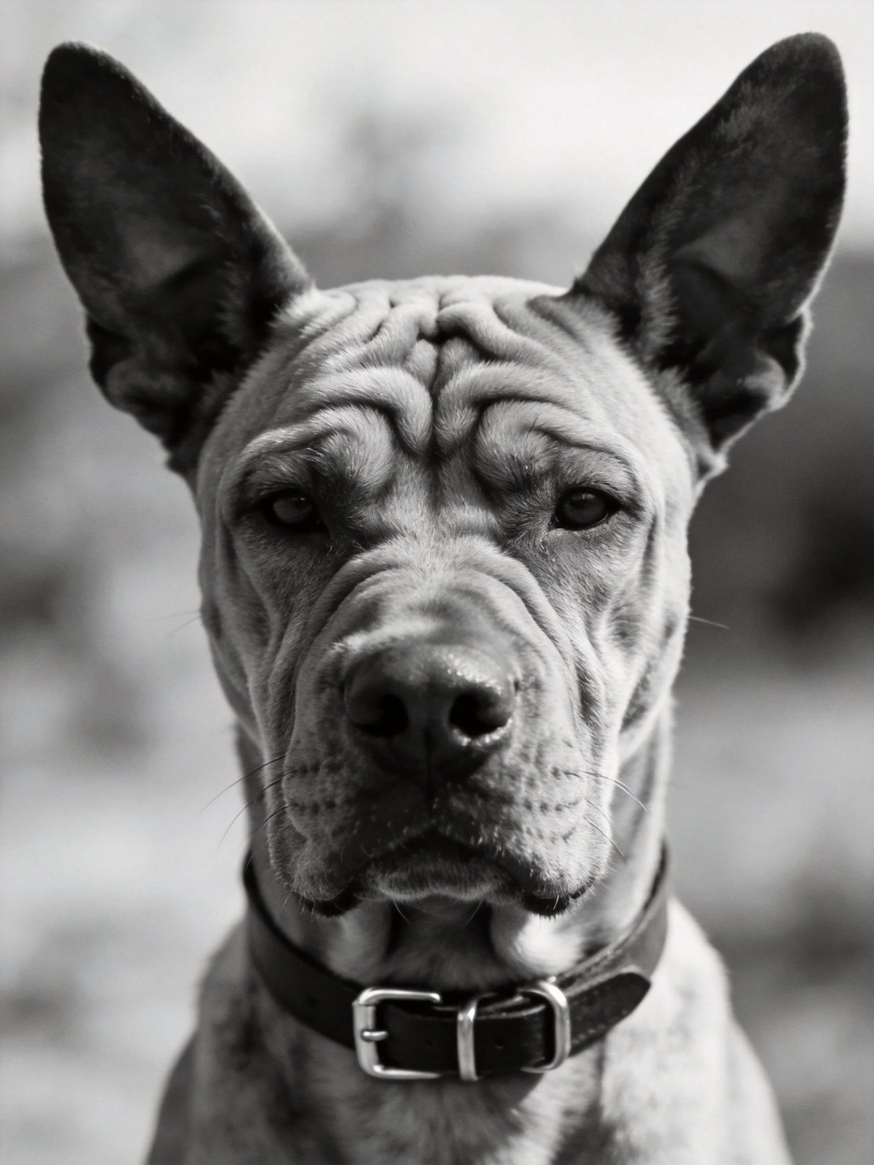 Black and white close-up of a Great Dane with upright ears