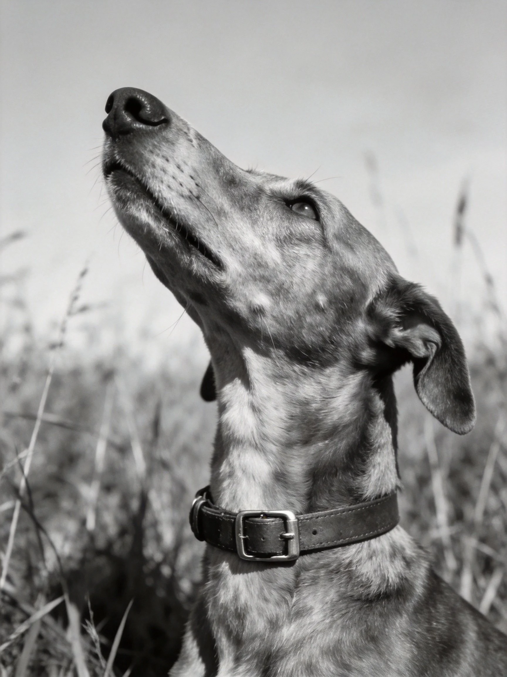 A black - and - white photograph shows a collared dog looking upward.