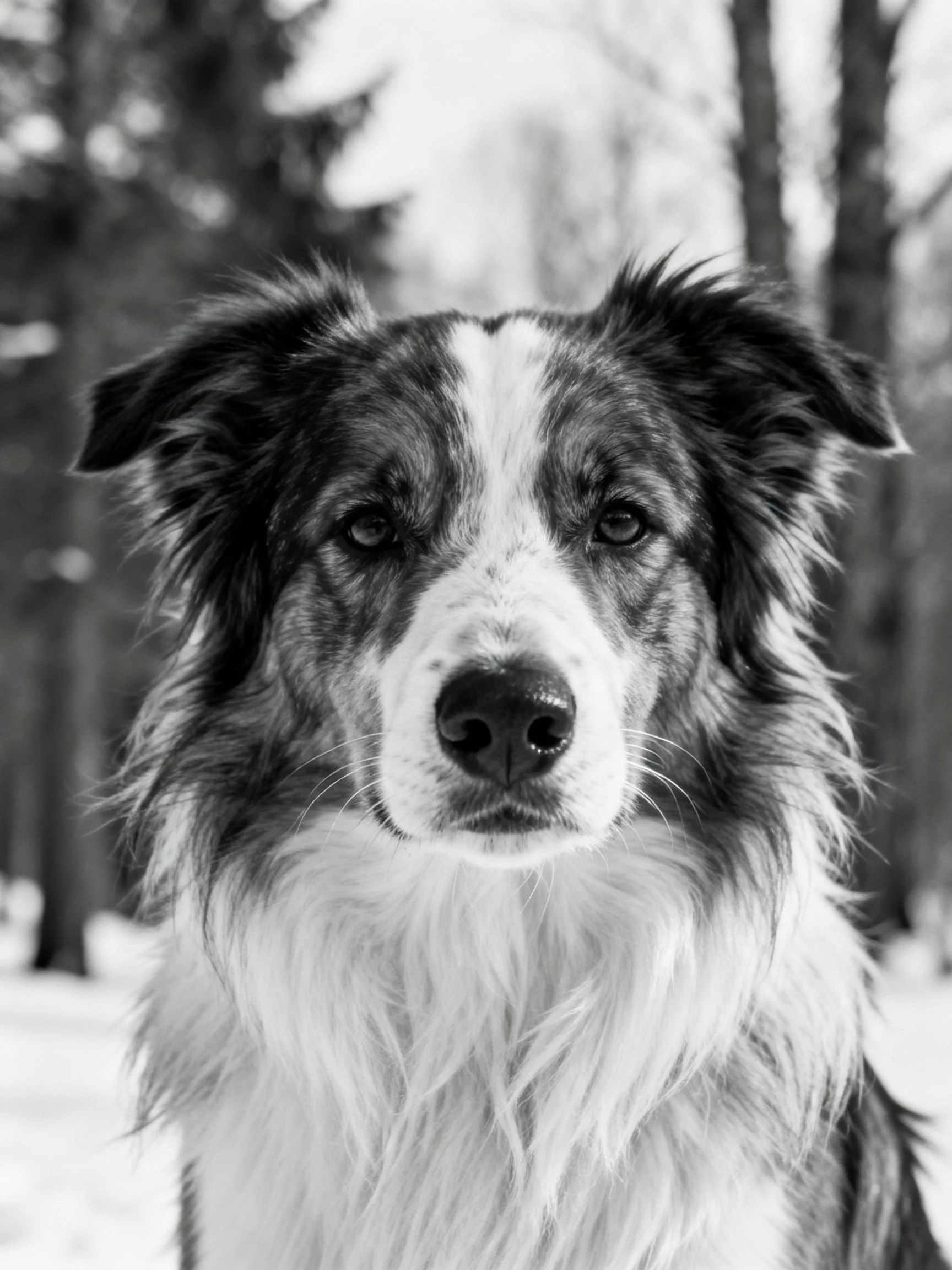 A black and white photo shows a collie - type dog near trees.